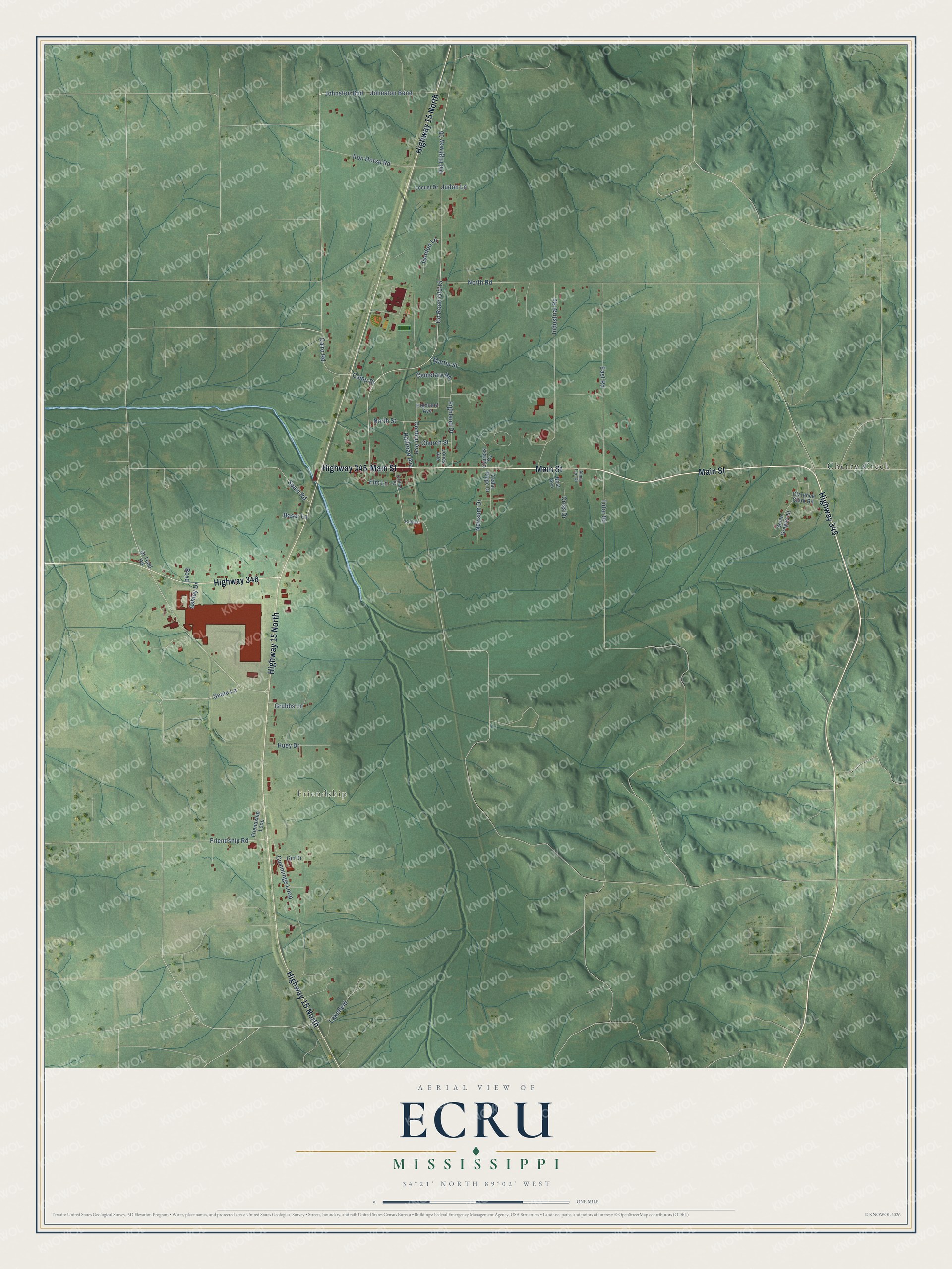 Full map of Ecru, Mississippi, with red buildings, printed street names and the land around them