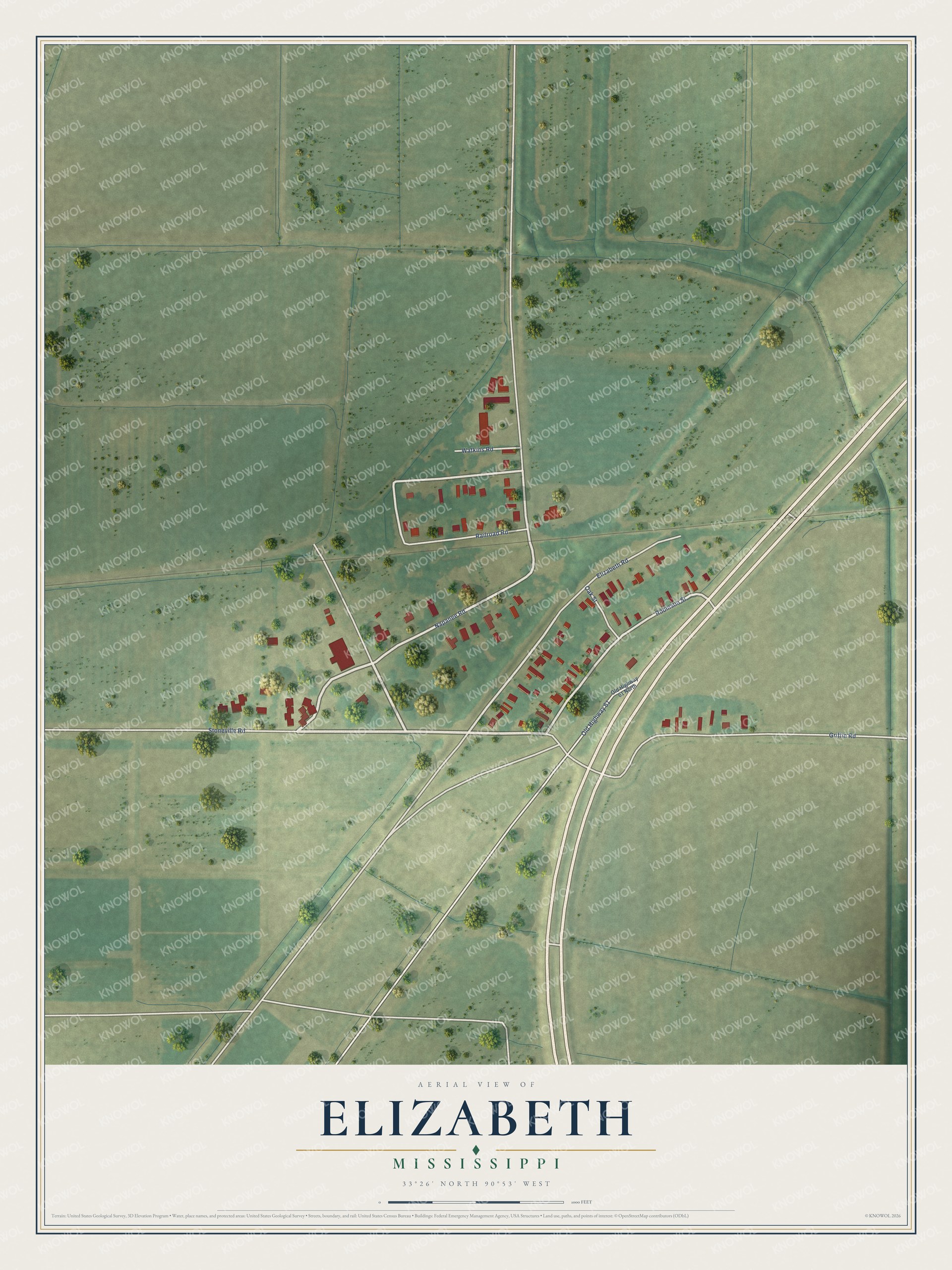 Full map of Elizabeth, Mississippi, with red buildings, printed street names and the land around them