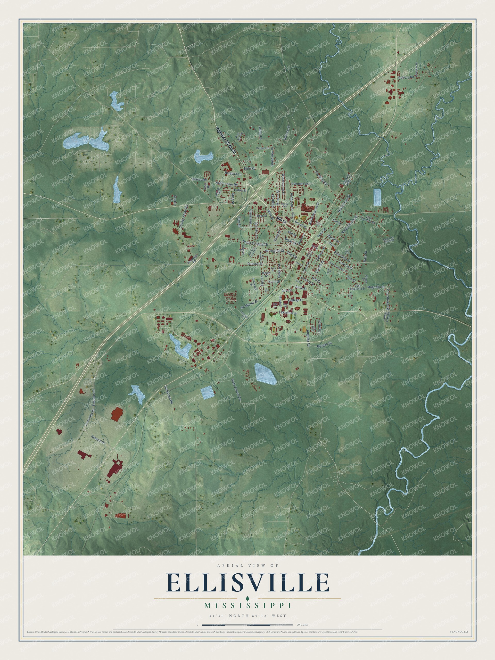 Full map of Ellisville, Mississippi, with red buildings, printed street names and the land around them
