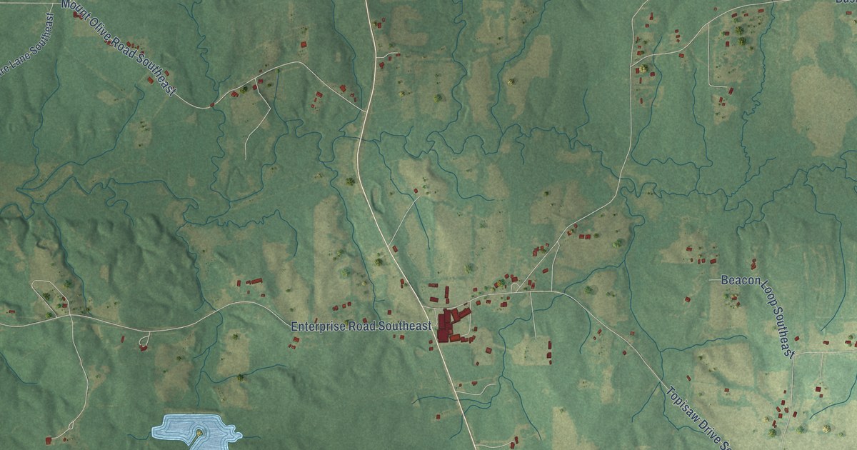Close-up of streets and buildings in Enterprise, Lincoln County, Mississippi