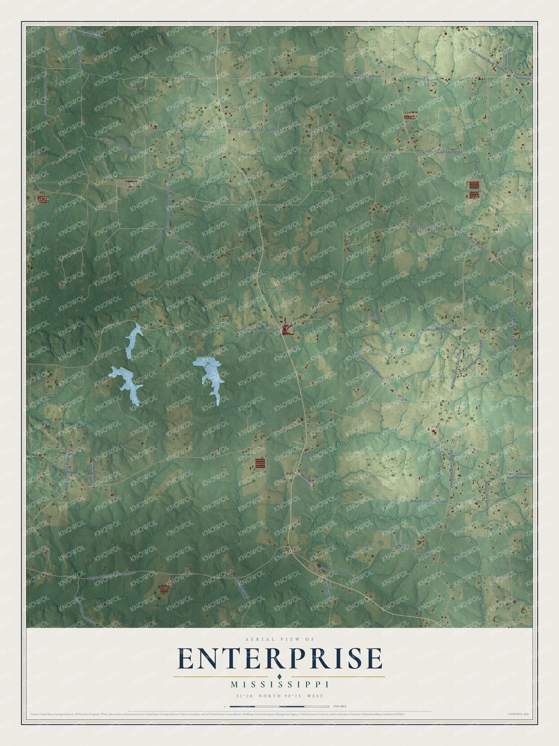 Full map of Enterprise, Mississippi, with red buildings, printed street names and the land around them