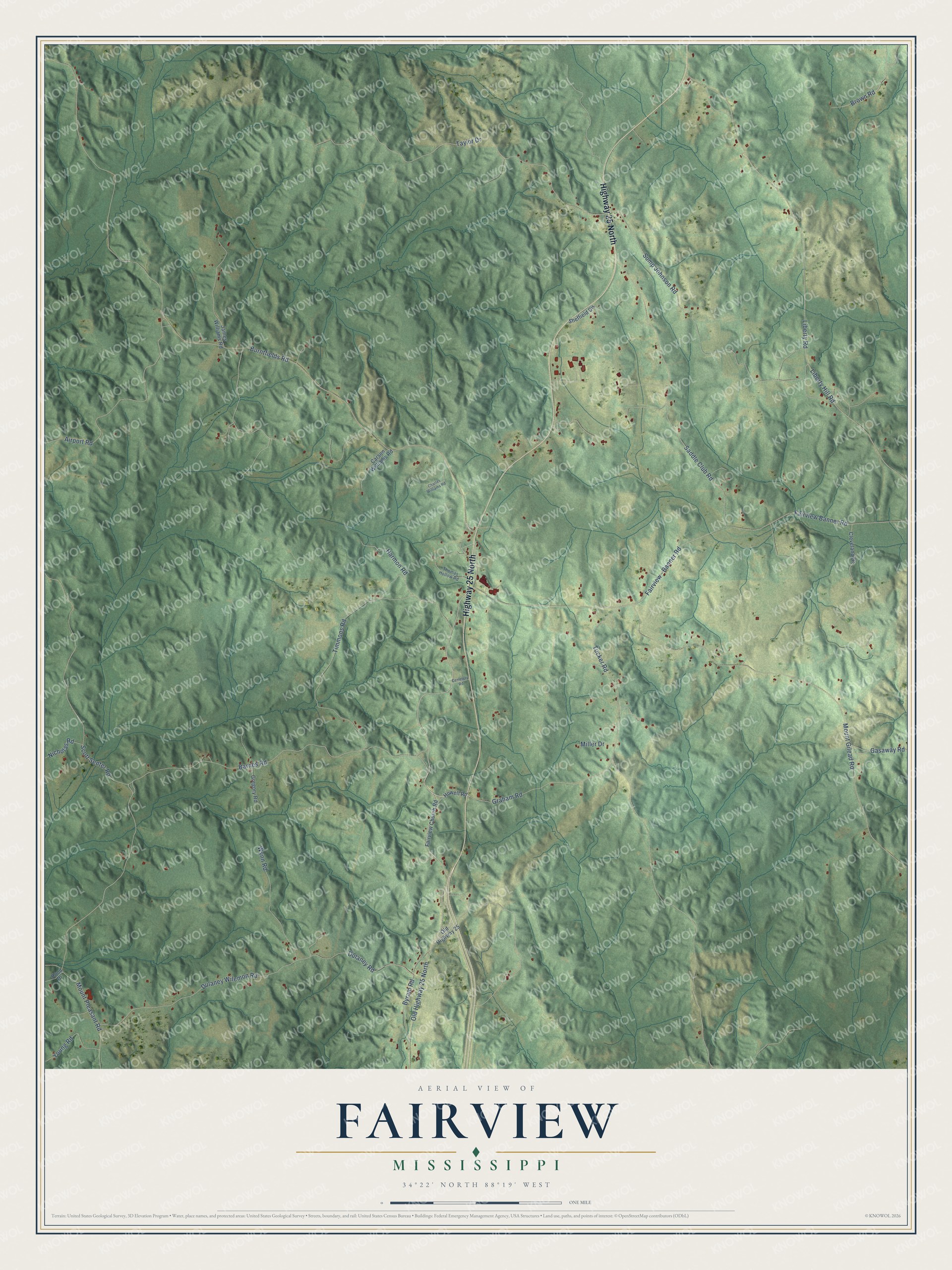 Full map of Fairview, Mississippi, with red buildings, printed street names and the land around them
