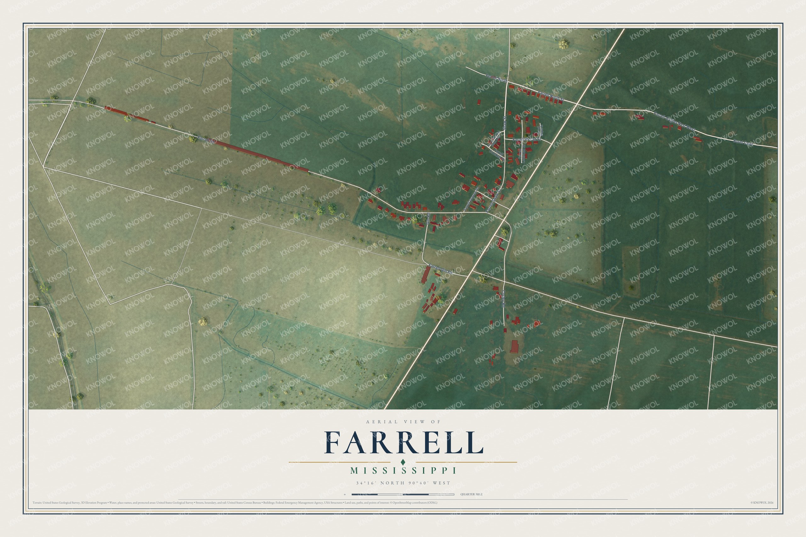 Full map of Farrell, Mississippi, with red buildings, printed street names and the land around them