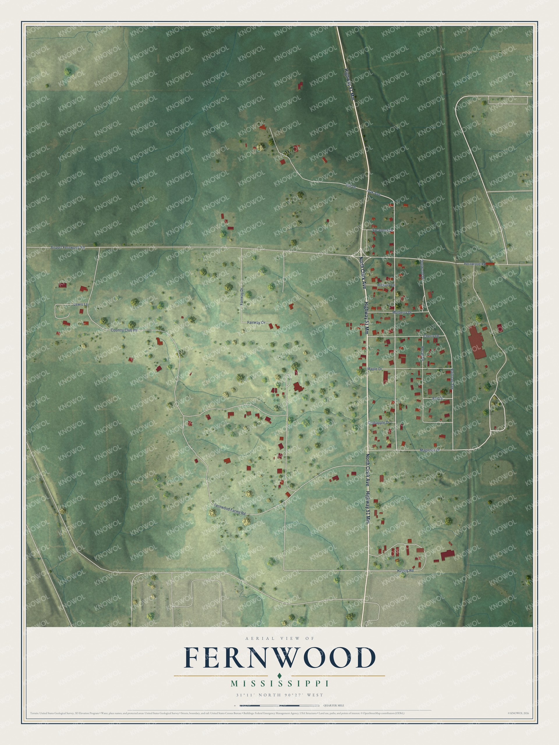 Full map of Fernwood, Mississippi, with red buildings, printed street names and the land around them