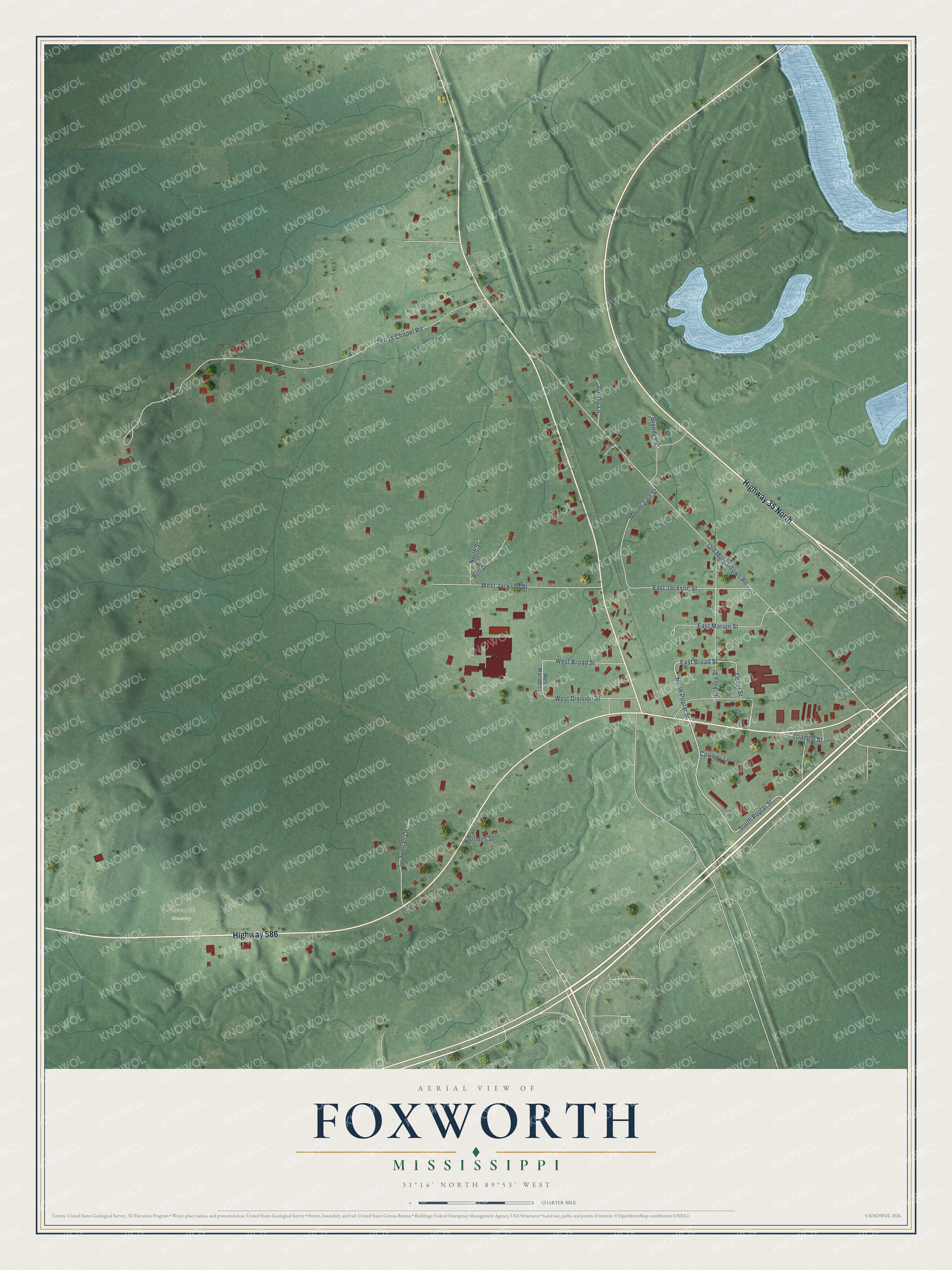 Full map of Foxworth, Mississippi, with red buildings, printed street names and the land around them