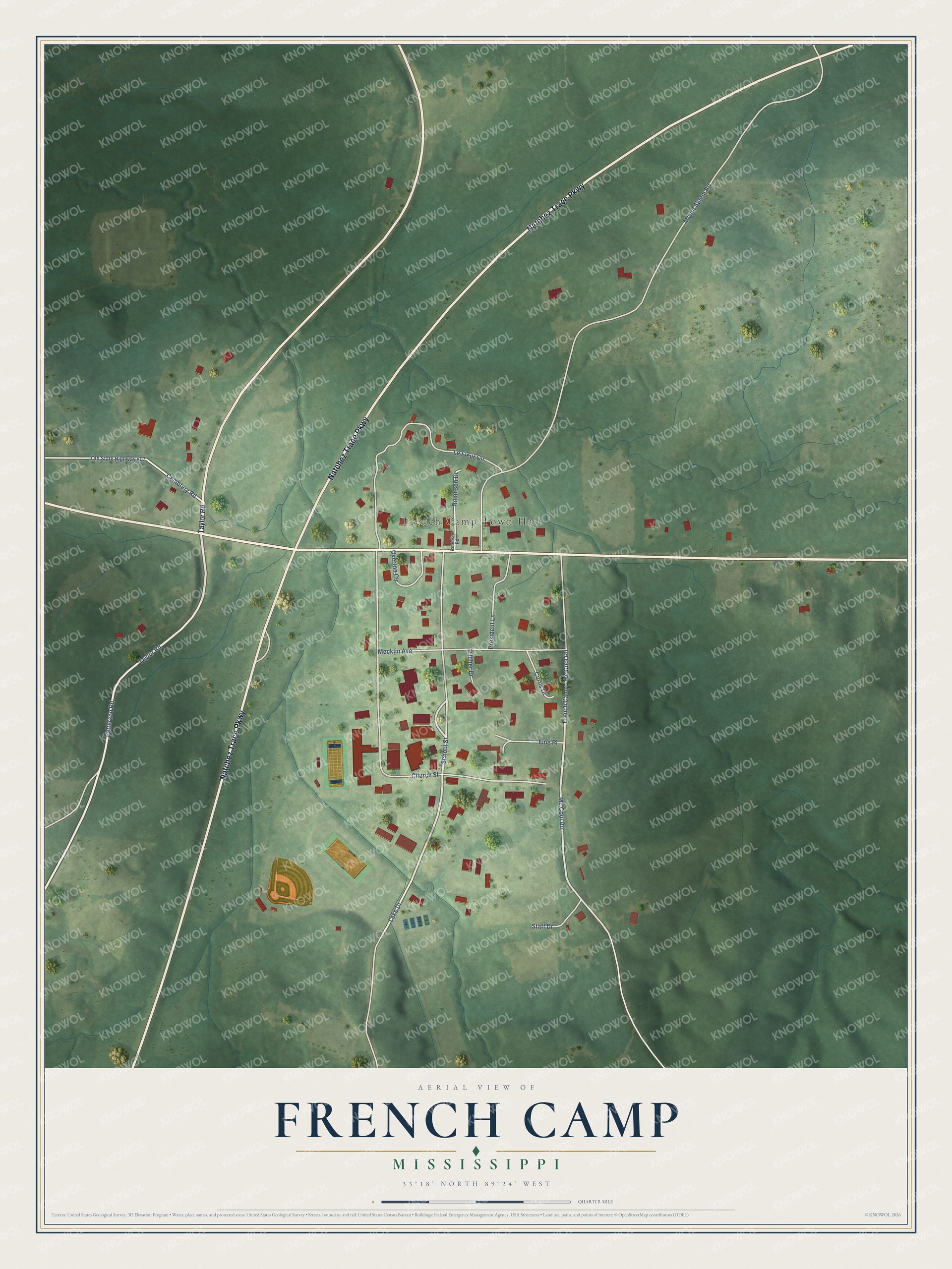 Full map of French Camp, Mississippi, with red buildings, printed street names and the land around them