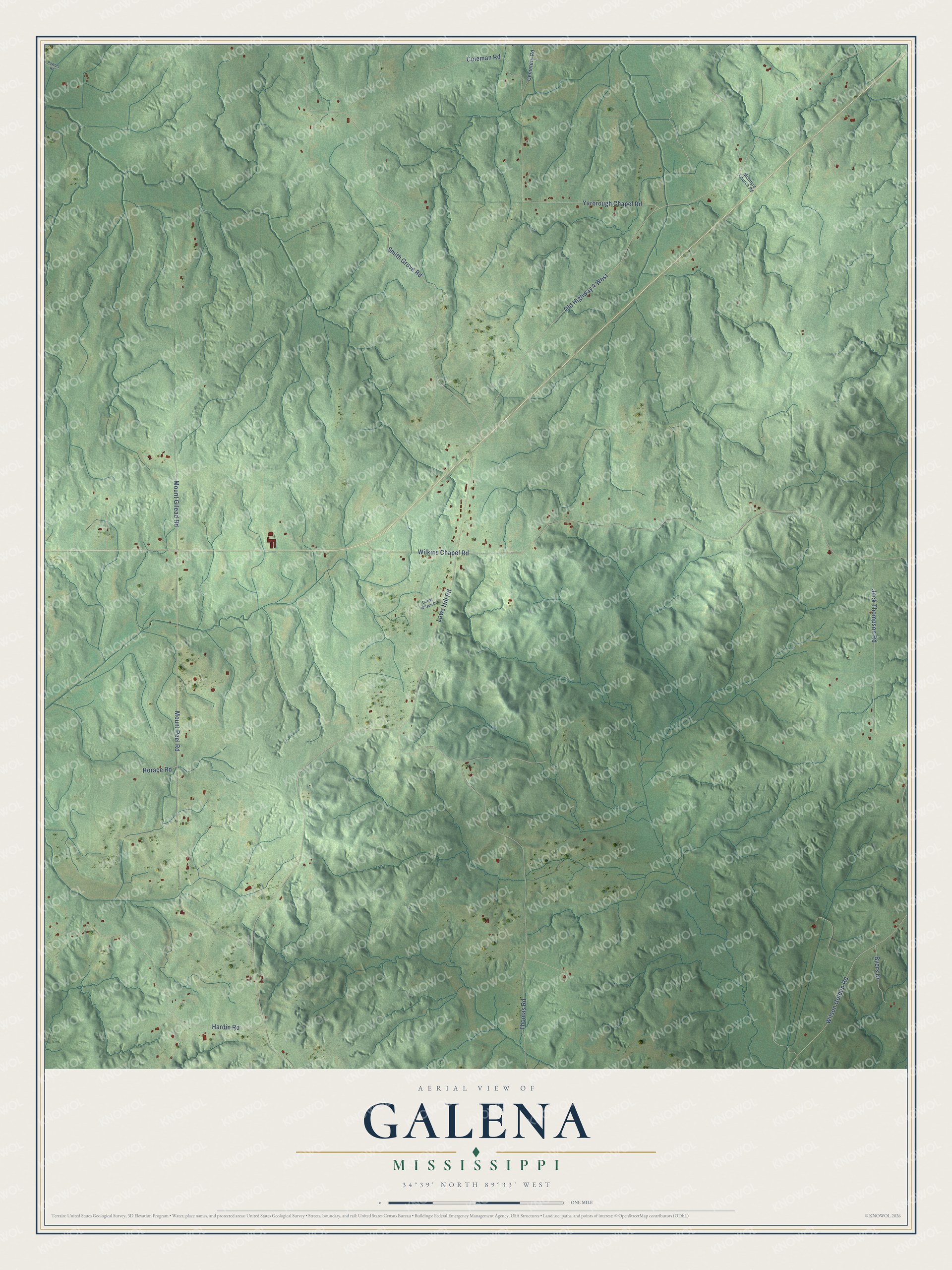 Full map of Galena, Mississippi, with red buildings, printed street names and the land around them