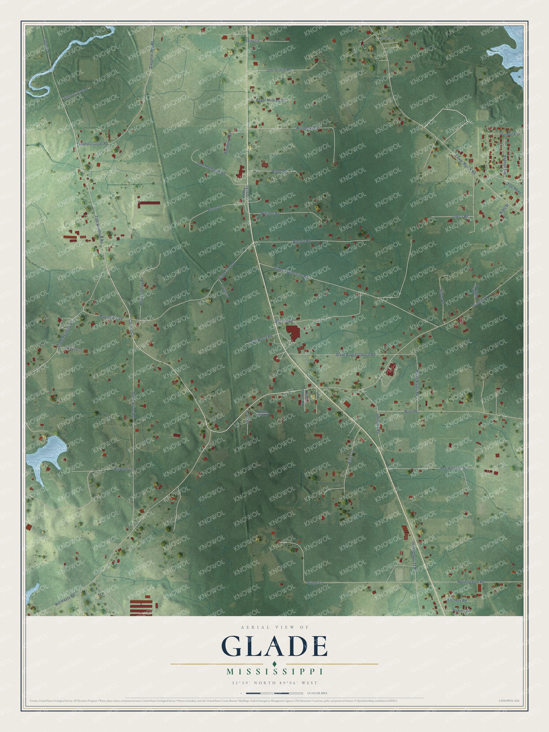 Full map of Glade, Mississippi, with red buildings, printed street names and the land around them
