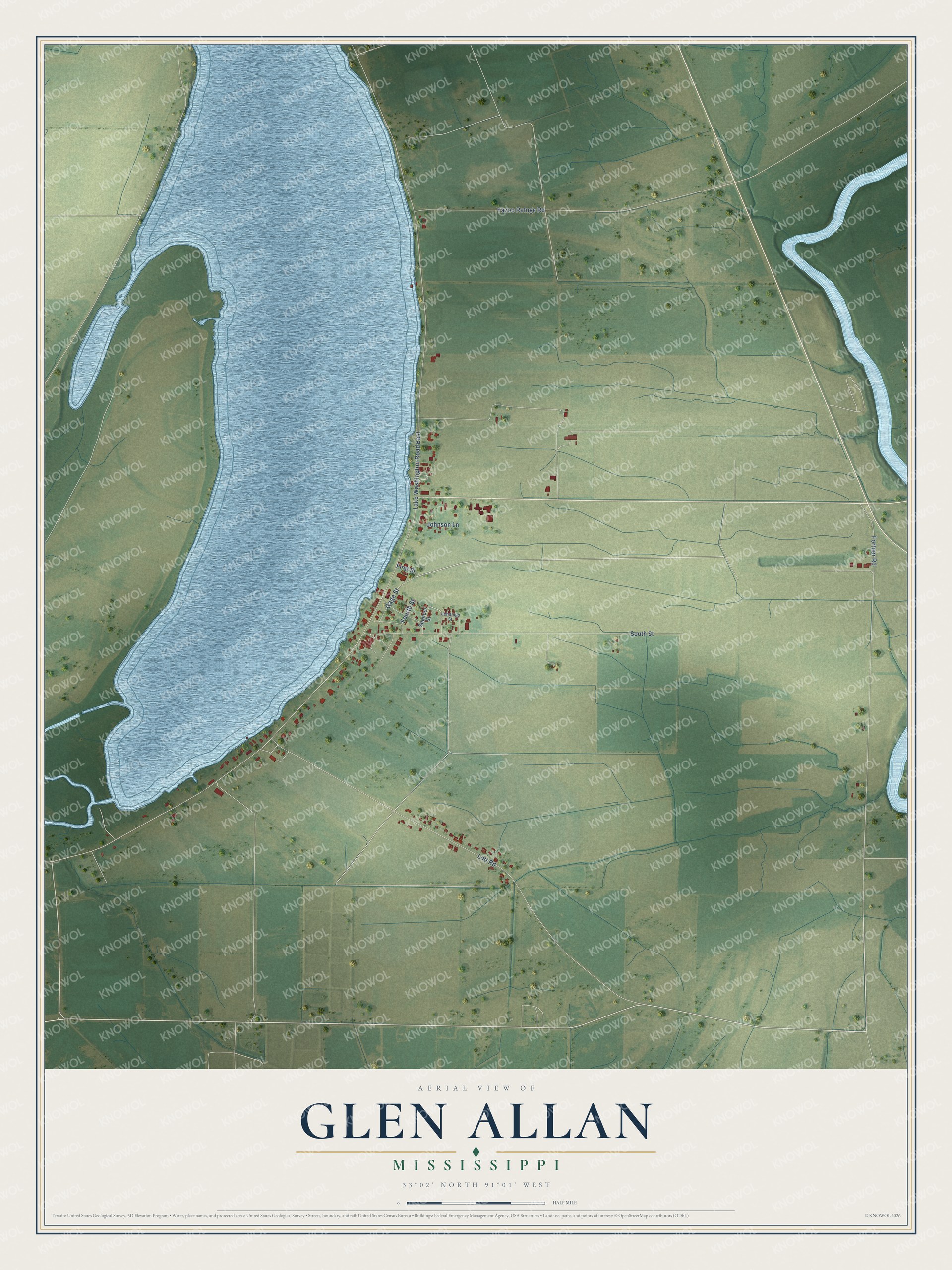 Full map of Glen Allan, Mississippi, with red buildings, printed street names and the land around them