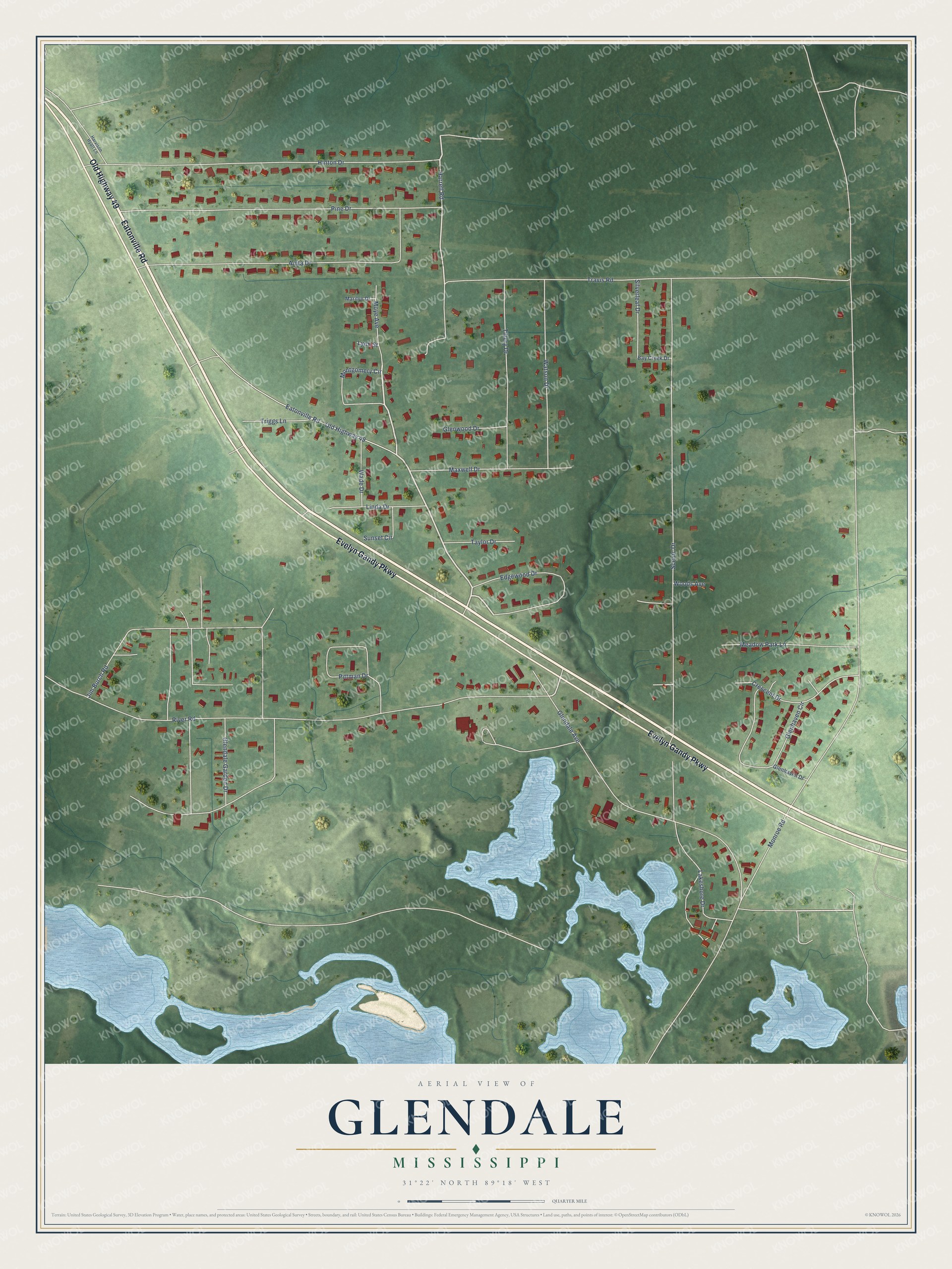 Full map of Glendale, Mississippi, with red buildings, printed street names and the land around them