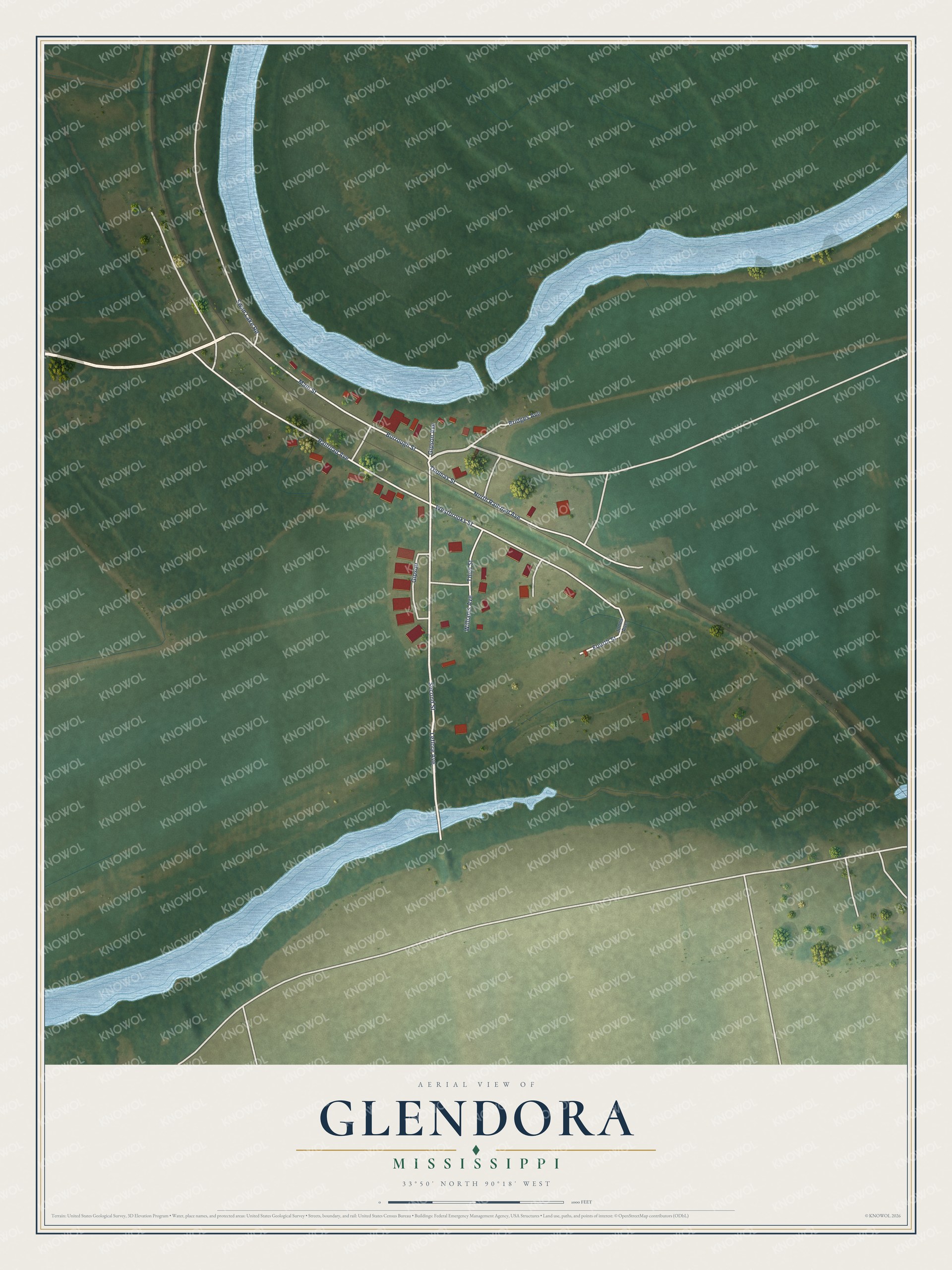 Watermarked full-map preview of Glendora, Mississippi