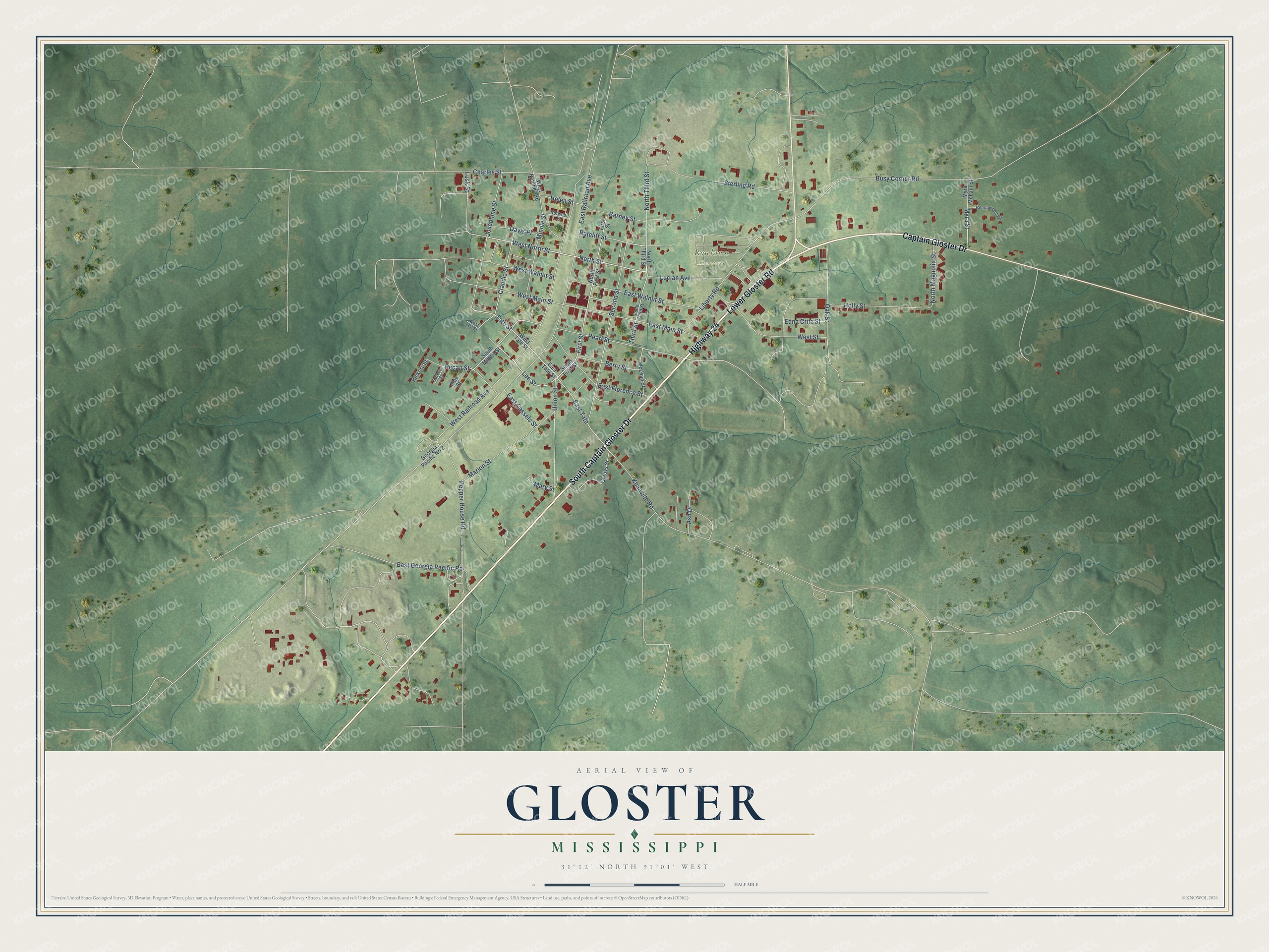 Watermarked full-map preview of Gloster, Mississippi