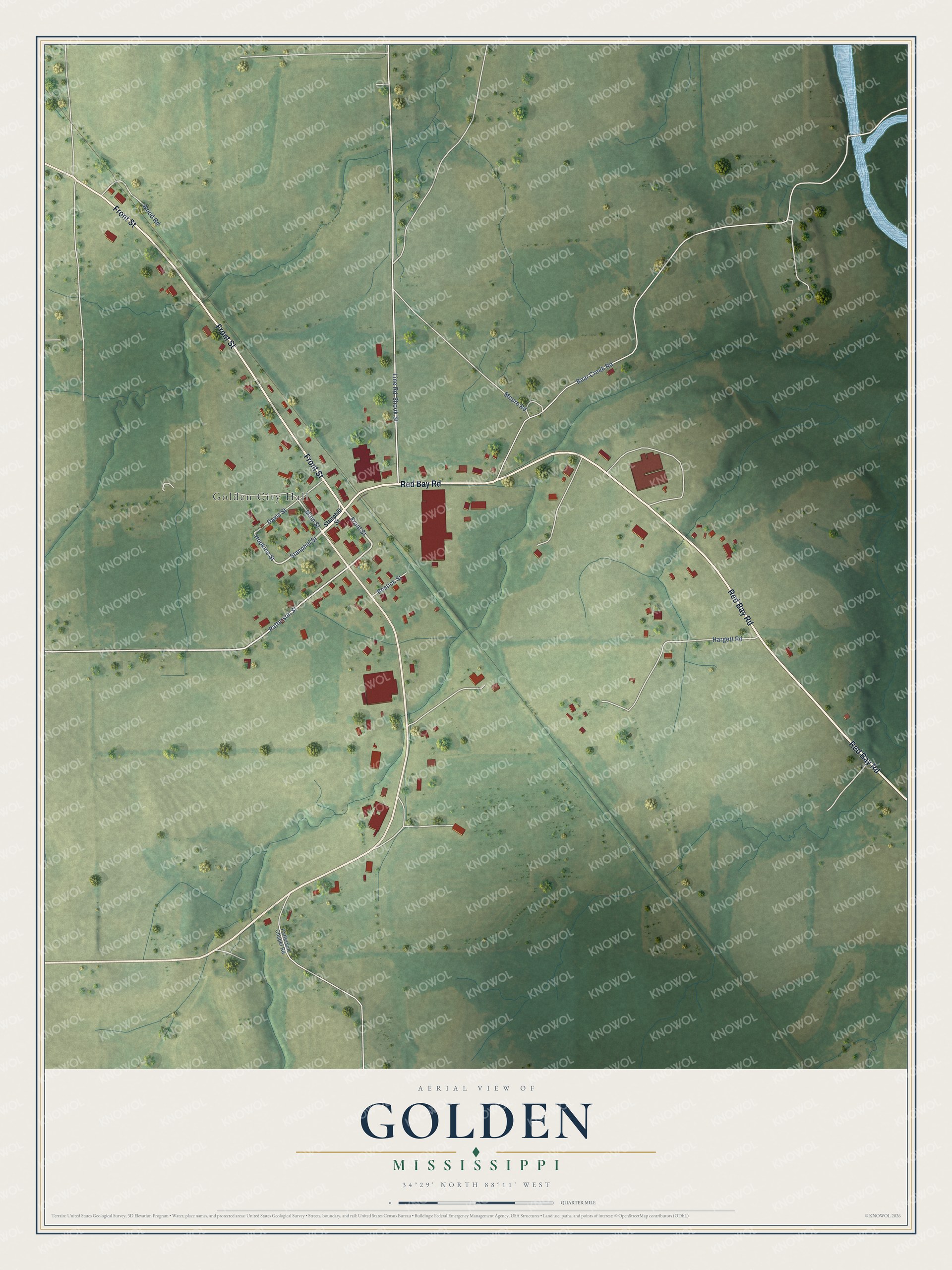 Full map of Golden, Mississippi, with red buildings, printed street names and the land around them