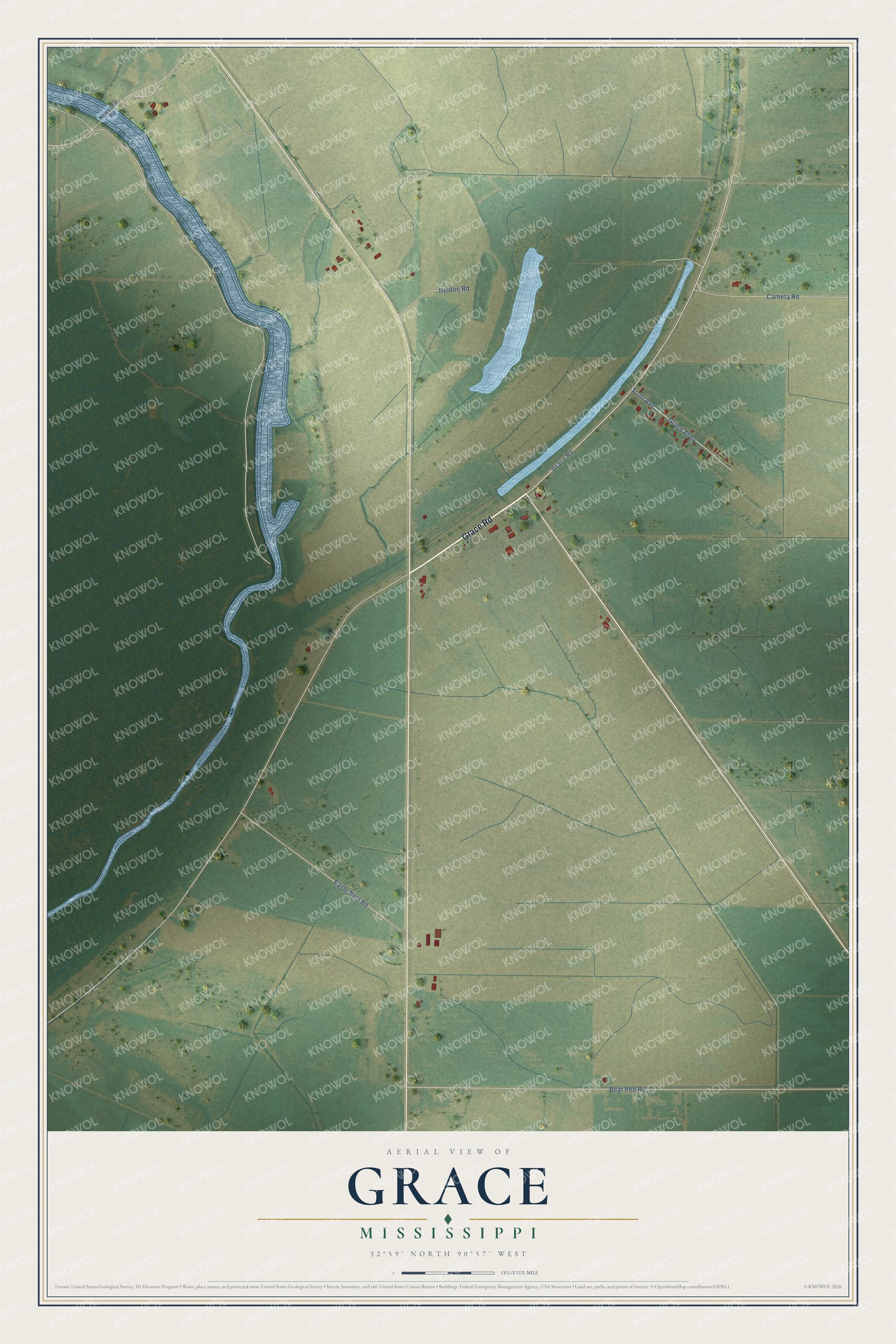 Full map of Grace, Mississippi, with red buildings, printed street names and the land around them