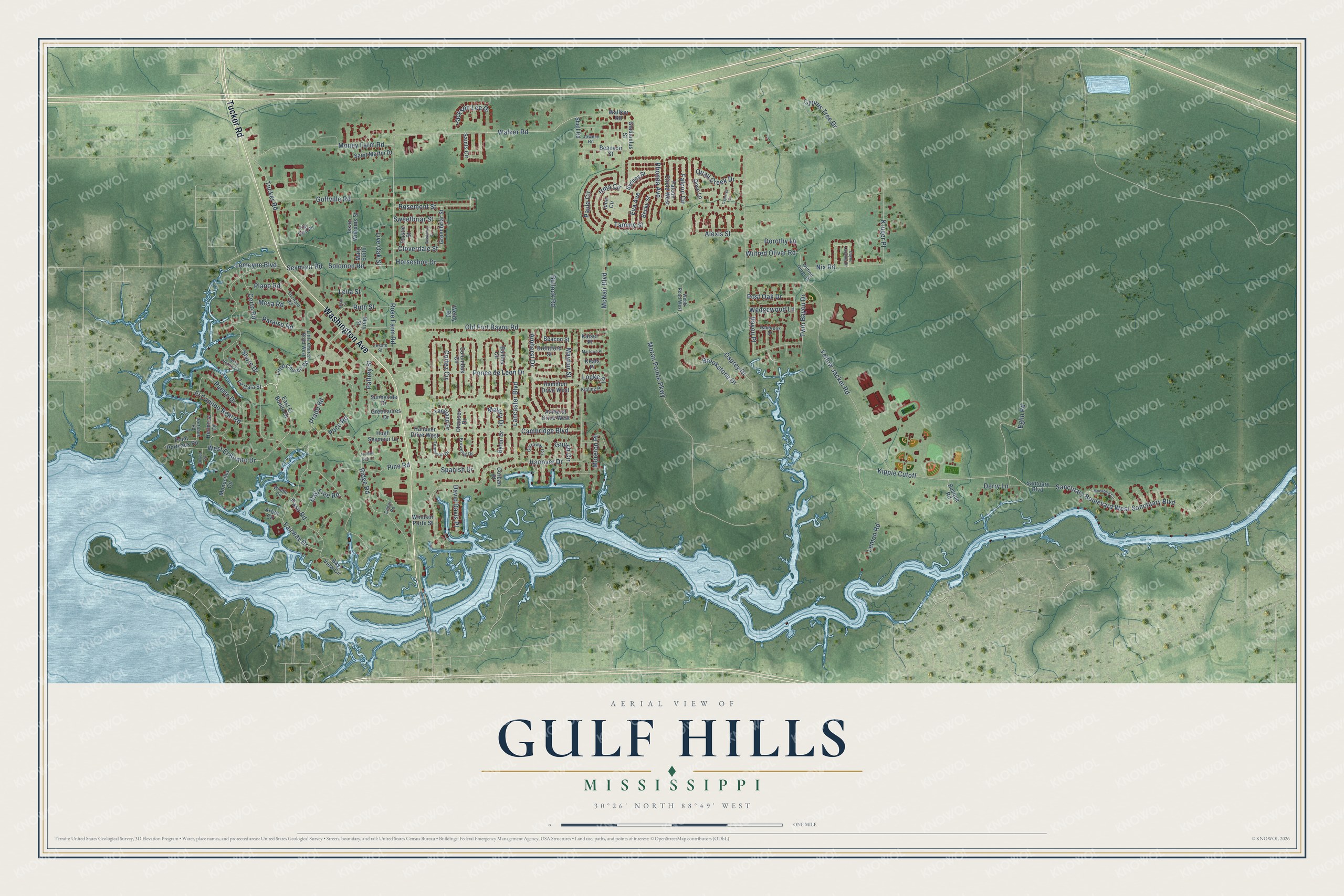 Full map of Gulf Hills, Mississippi, with red buildings, printed street names and the land around them