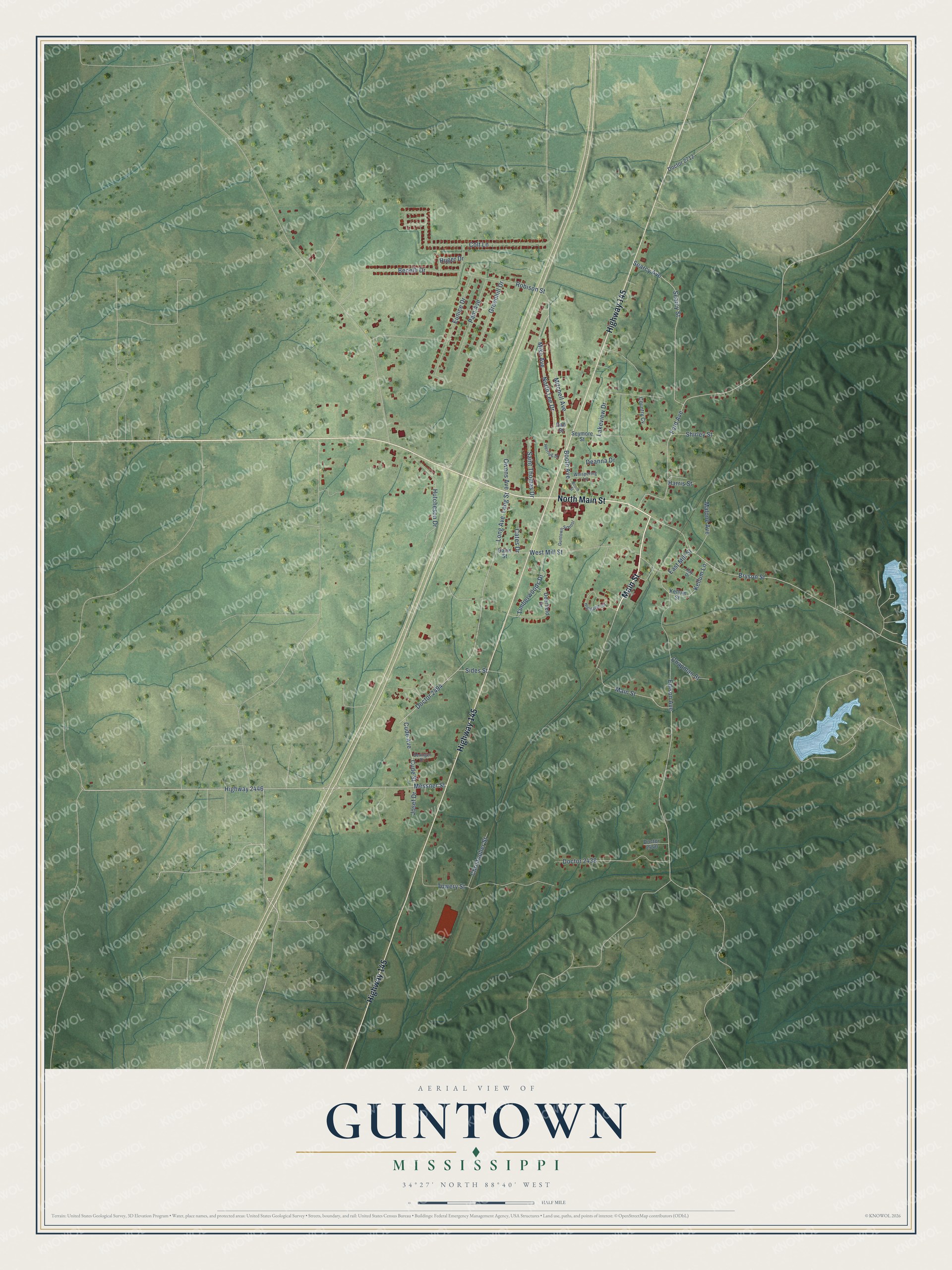 Full map of Guntown, Mississippi, with red buildings, printed street names and the land around them