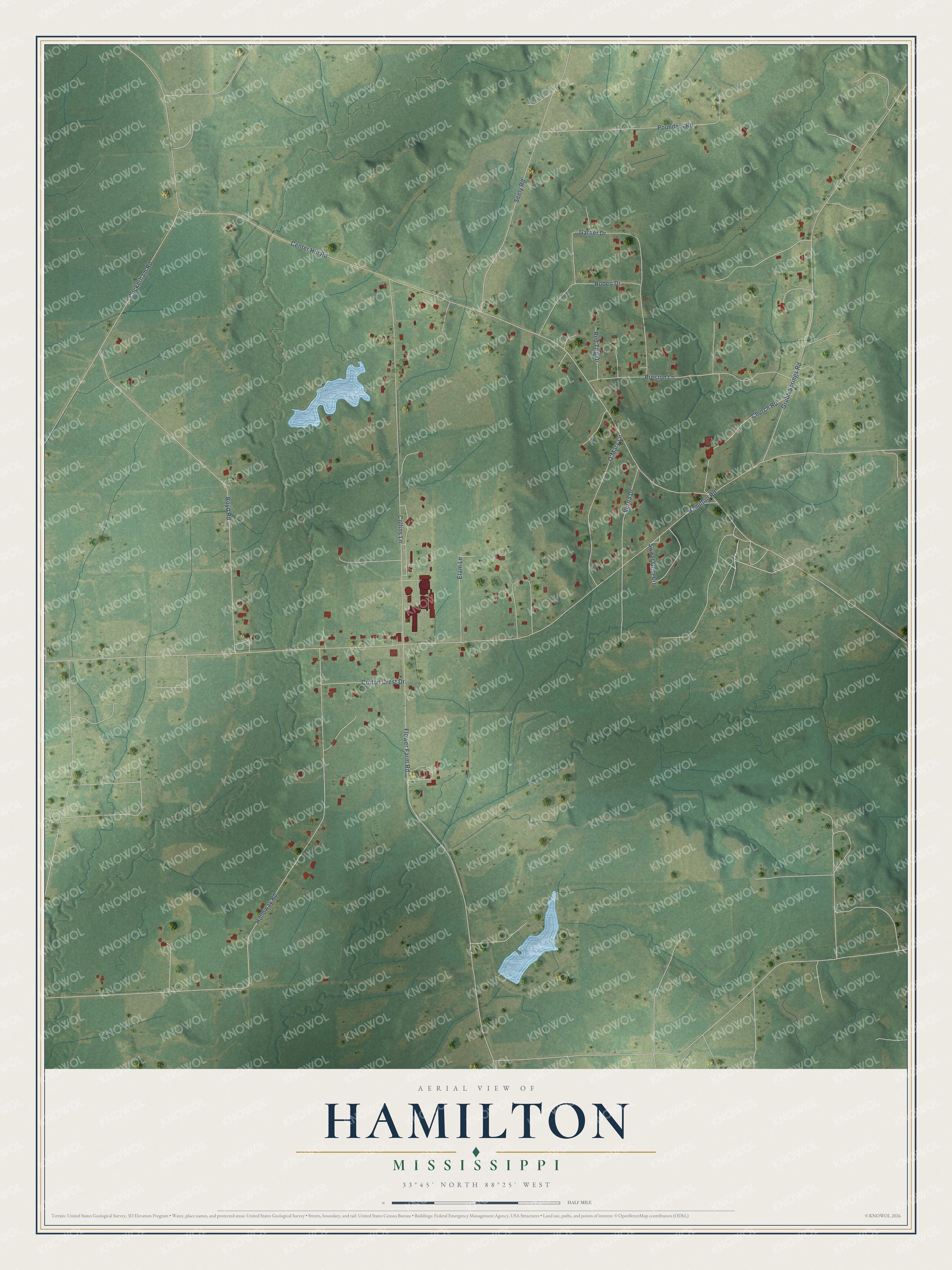 Full map of Hamilton, Mississippi, with red buildings, printed street names and the land around them