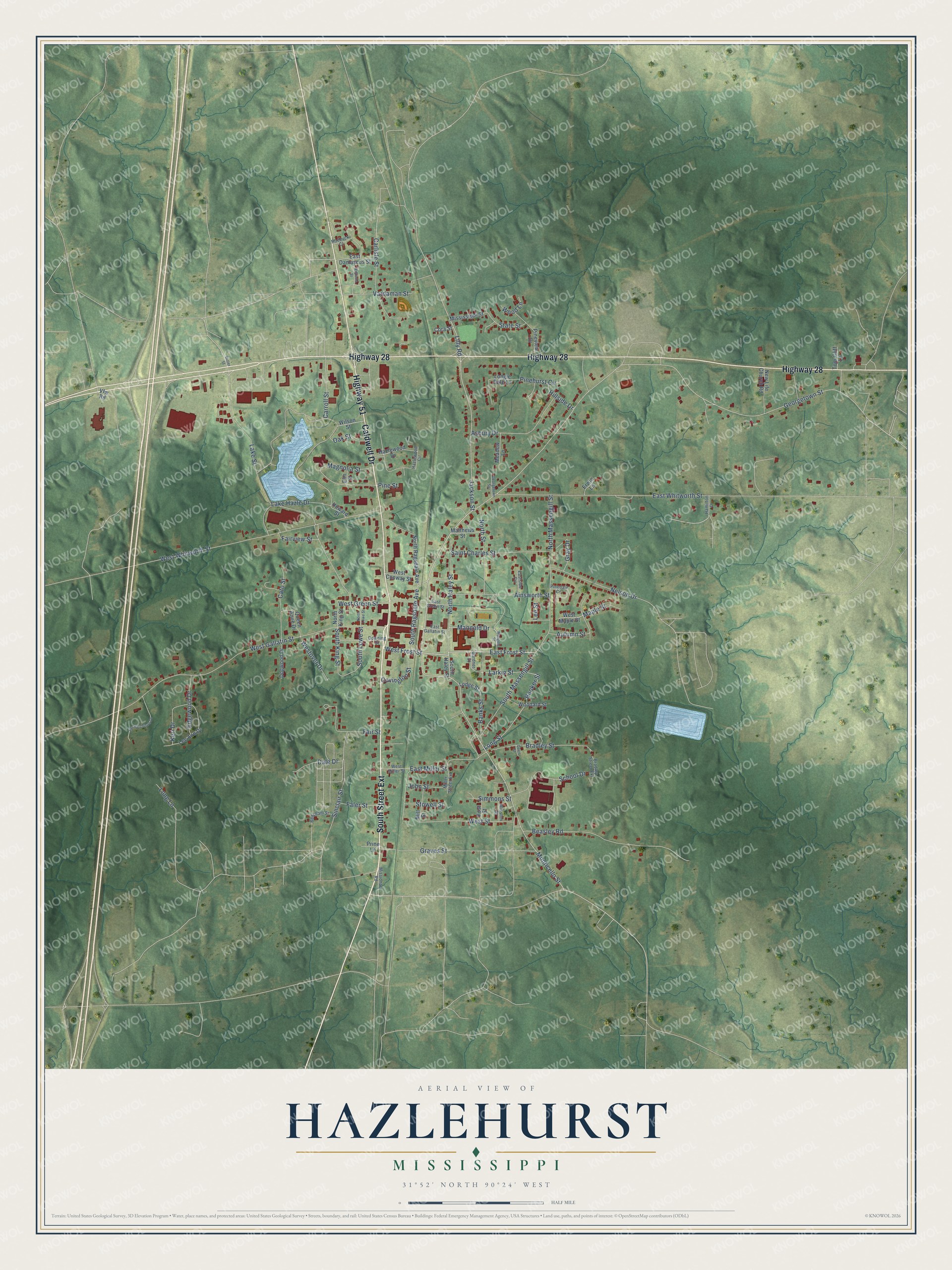 Full map of Hazlehurst, Mississippi, with red buildings, printed street names and the land around them