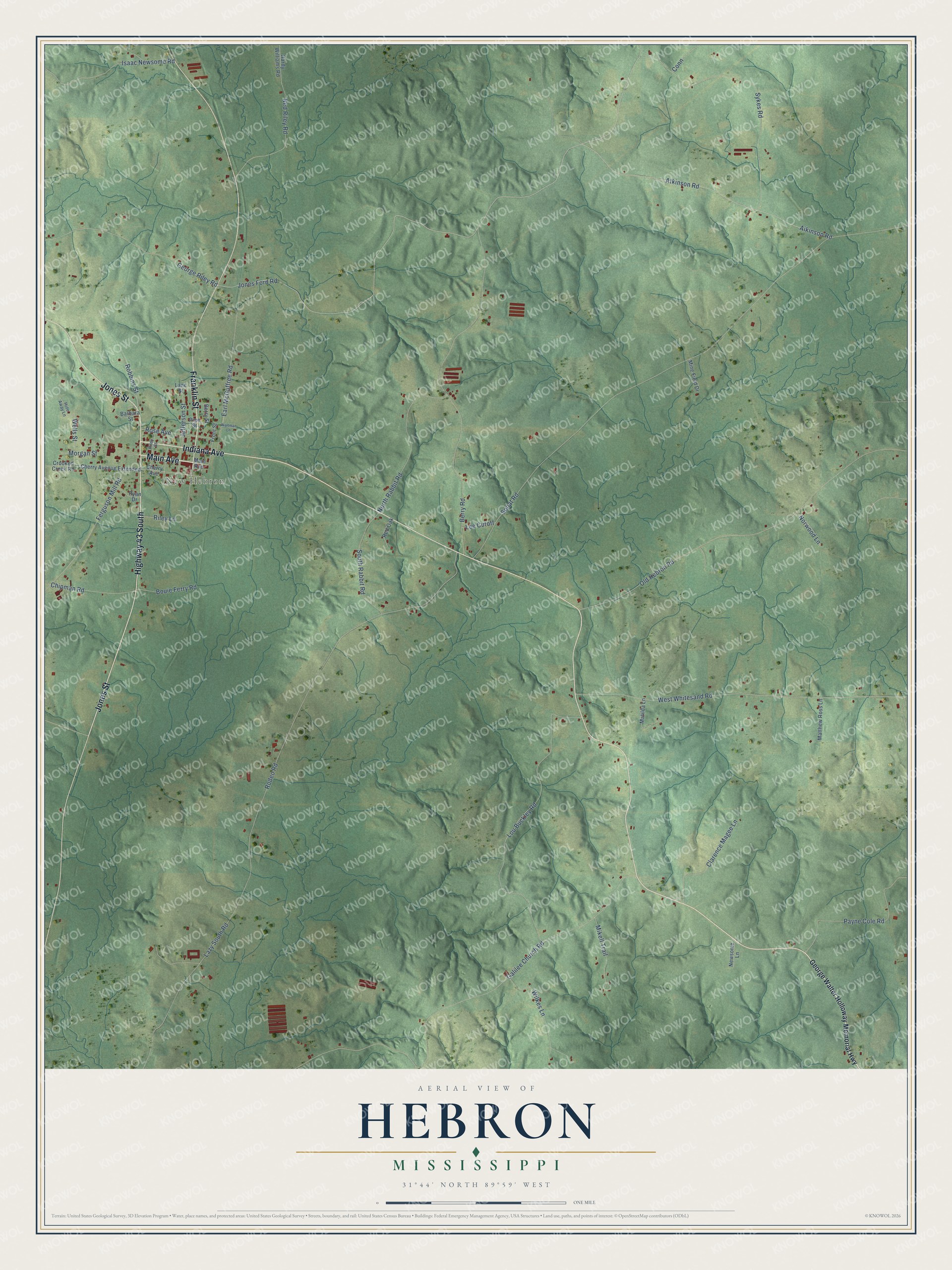 Full map of Hebron, Mississippi, with red buildings, printed street names and the land around them