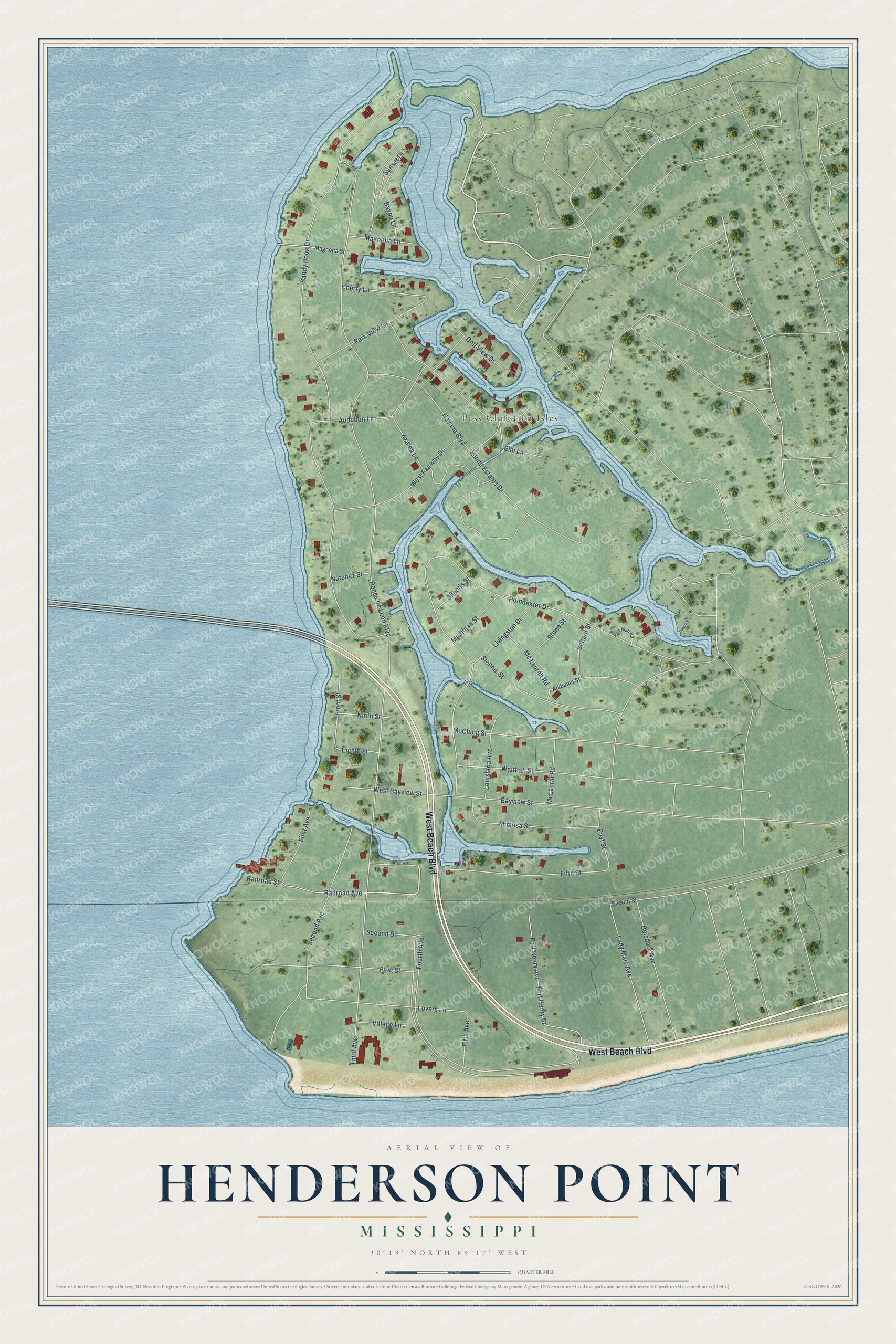 Full map of Henderson Point, Mississippi, with red buildings, printed street names and the land around them