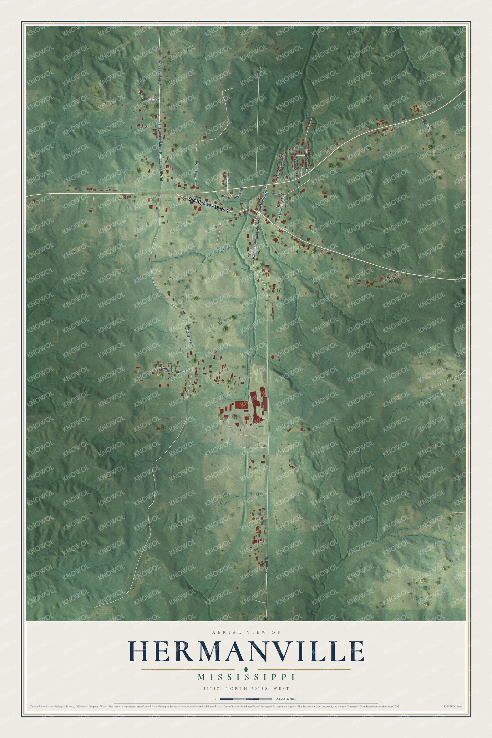 Full map of Hermanville, Mississippi, with red buildings, printed street names and the land around them