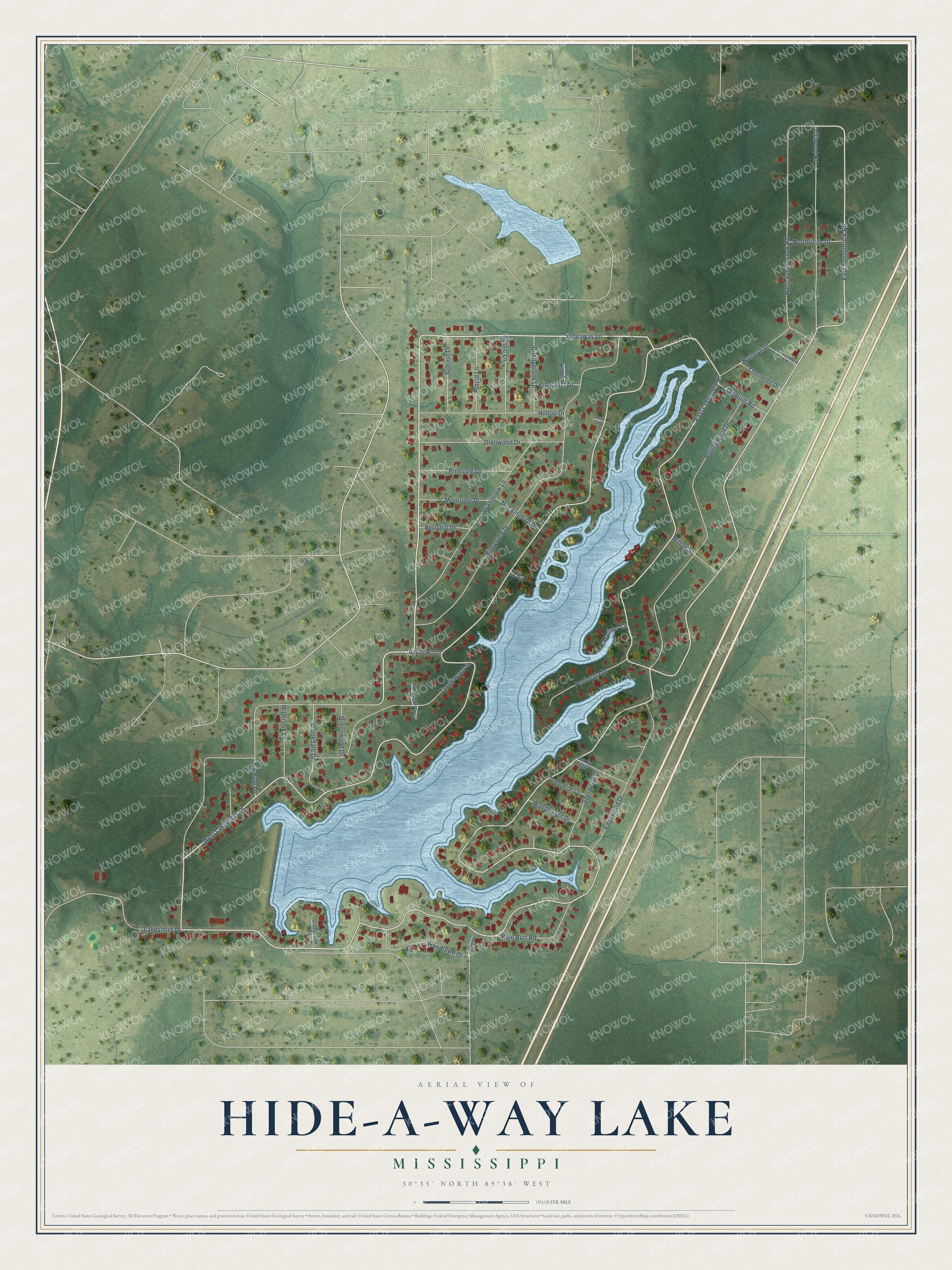 Full map of Hide-A-Way Lake, Mississippi, with red buildings, printed street names and the land around them