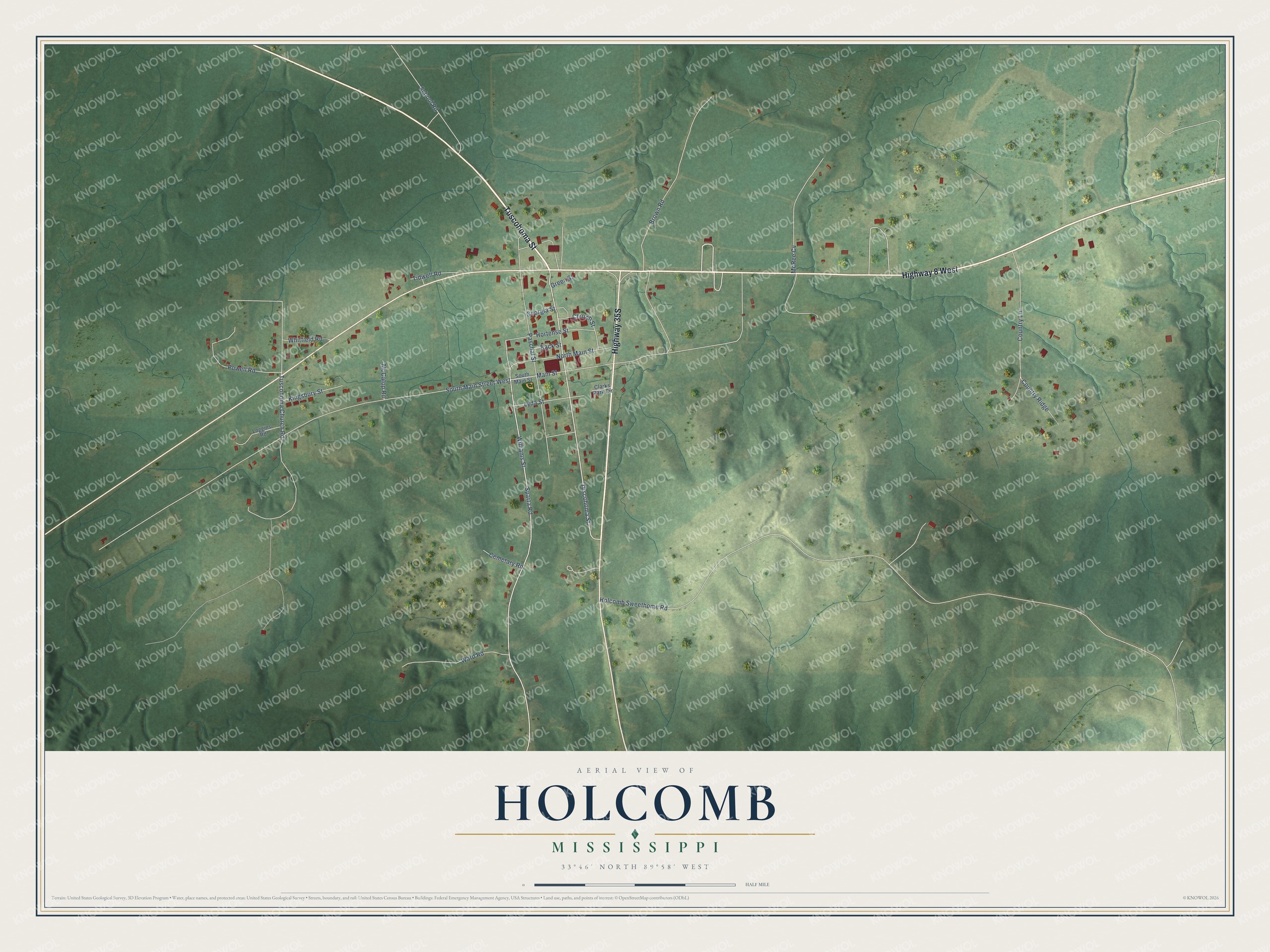 Full map of Holcomb, Mississippi, with red buildings, printed street names and the land around them