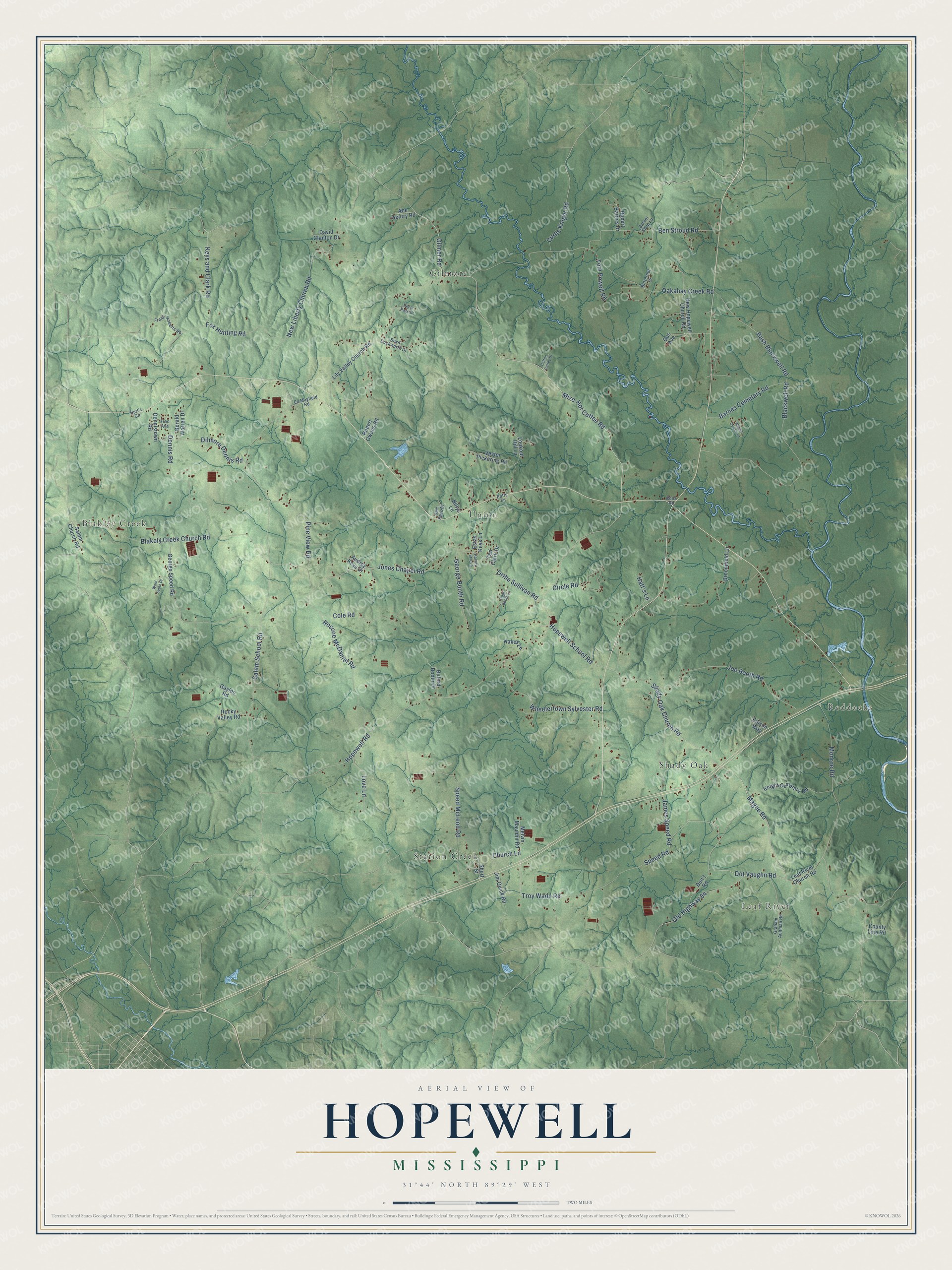 Full map of Hopewell, Mississippi, with red buildings, printed street names and the land around them
