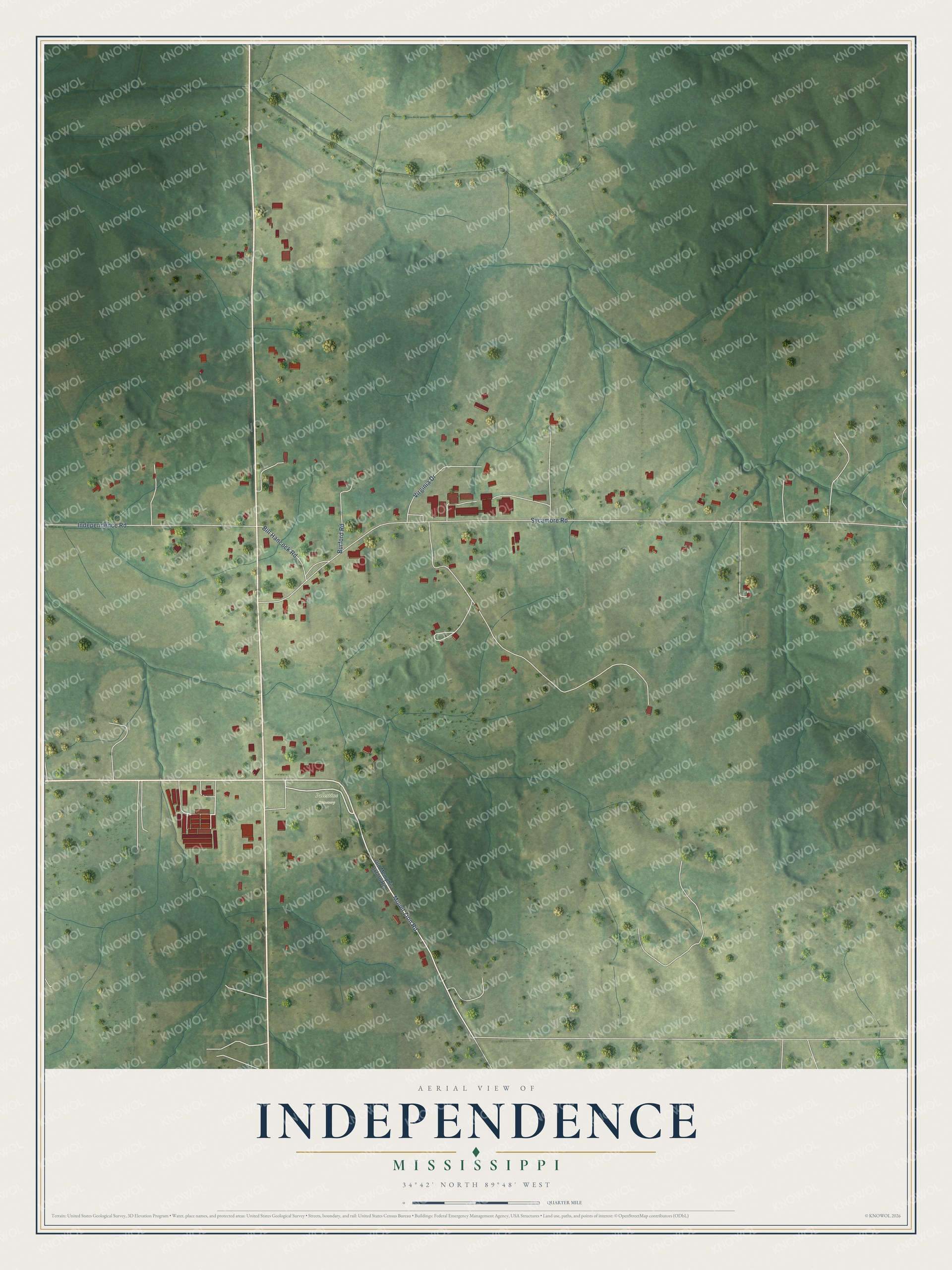 Full map of Independence, Mississippi, with red buildings, printed street names and the land around them