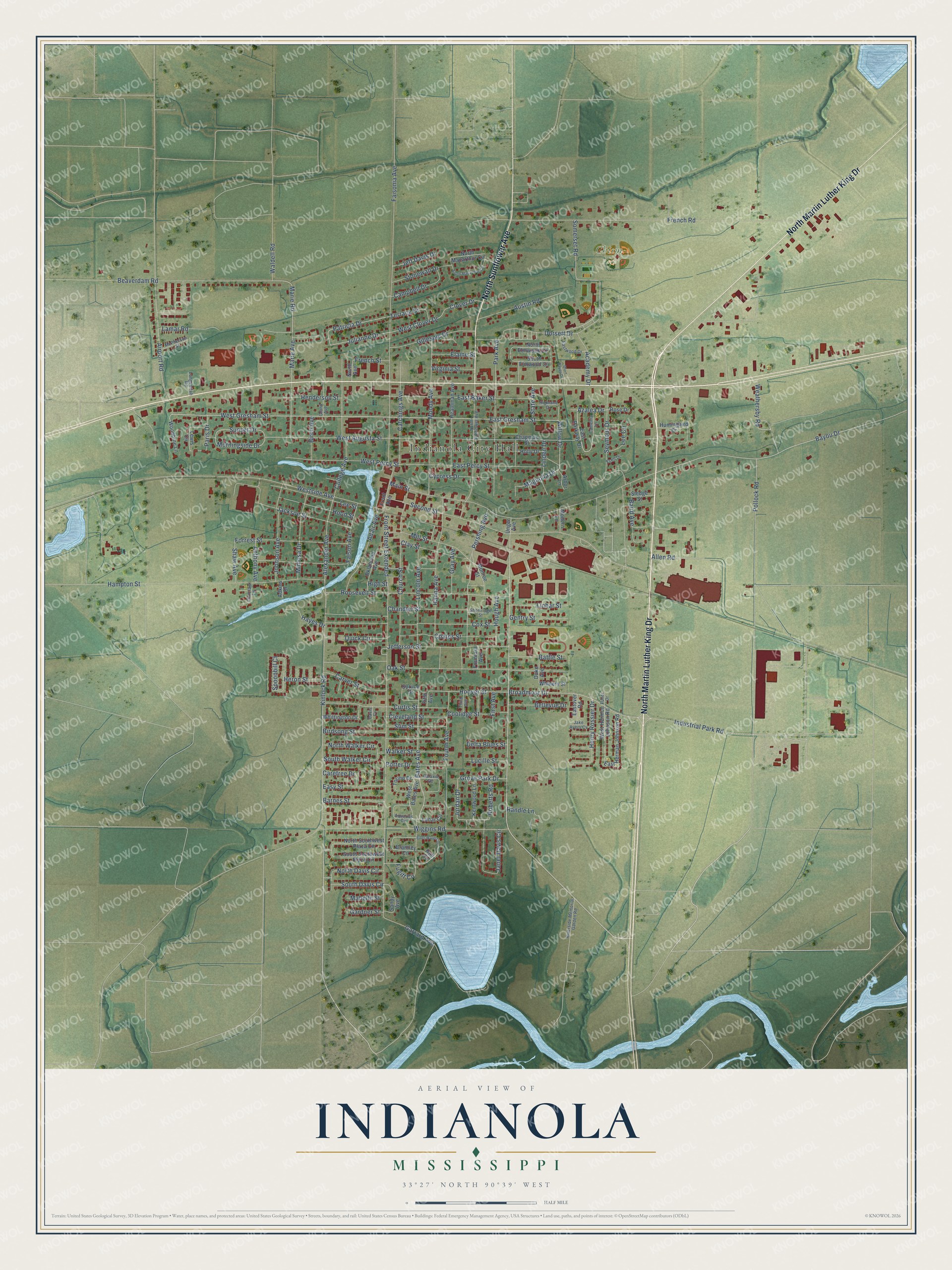 Full map of Indianola, Mississippi, with red buildings, printed street names and the land around them