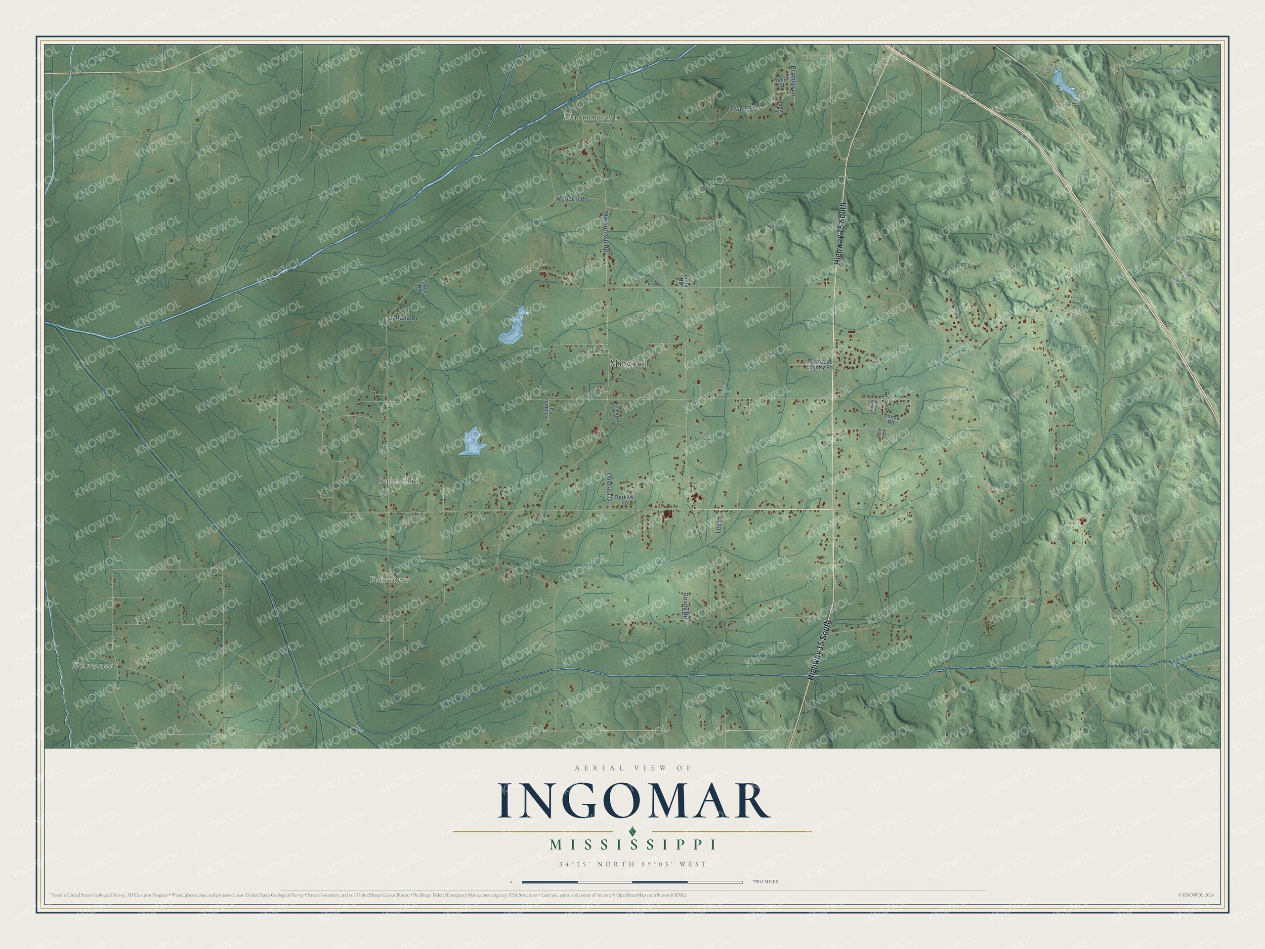 Full map of Ingomar, Mississippi, with red buildings, printed street names and the land around them
