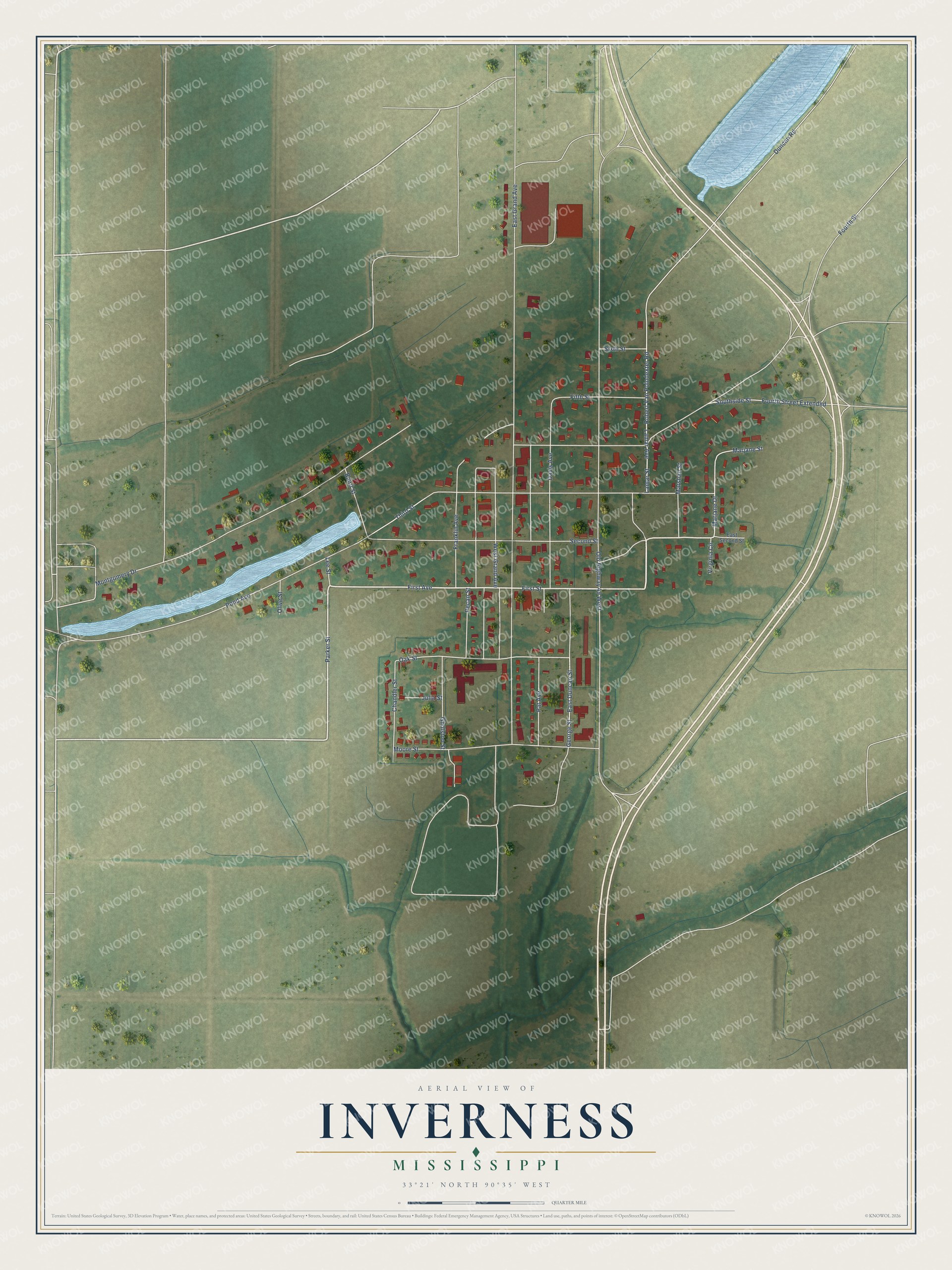 Full map of Inverness, Mississippi, with red buildings, printed street names and the land around them