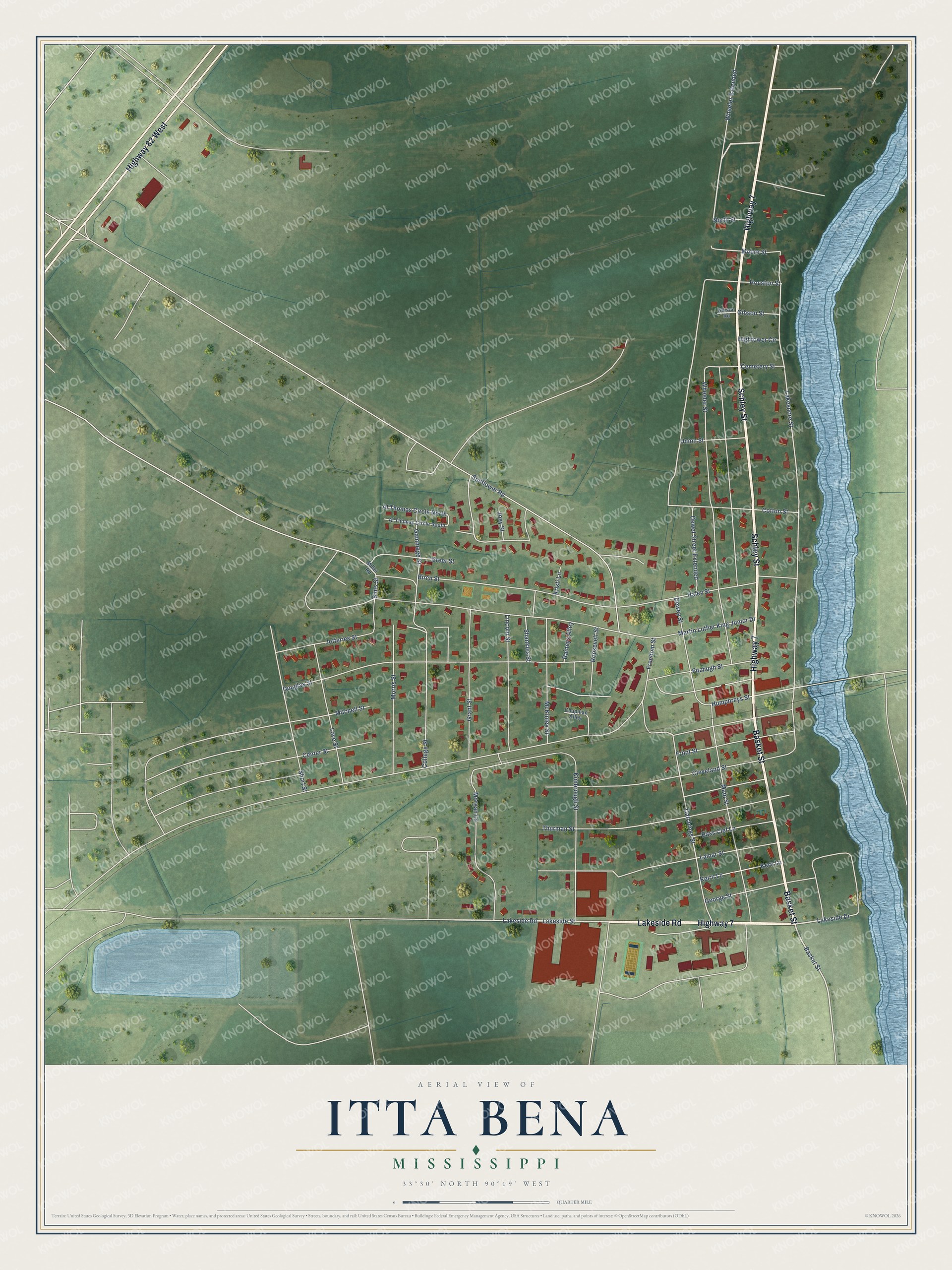 Full map of Itta Bena, Mississippi, with red buildings, printed street names and the land around them