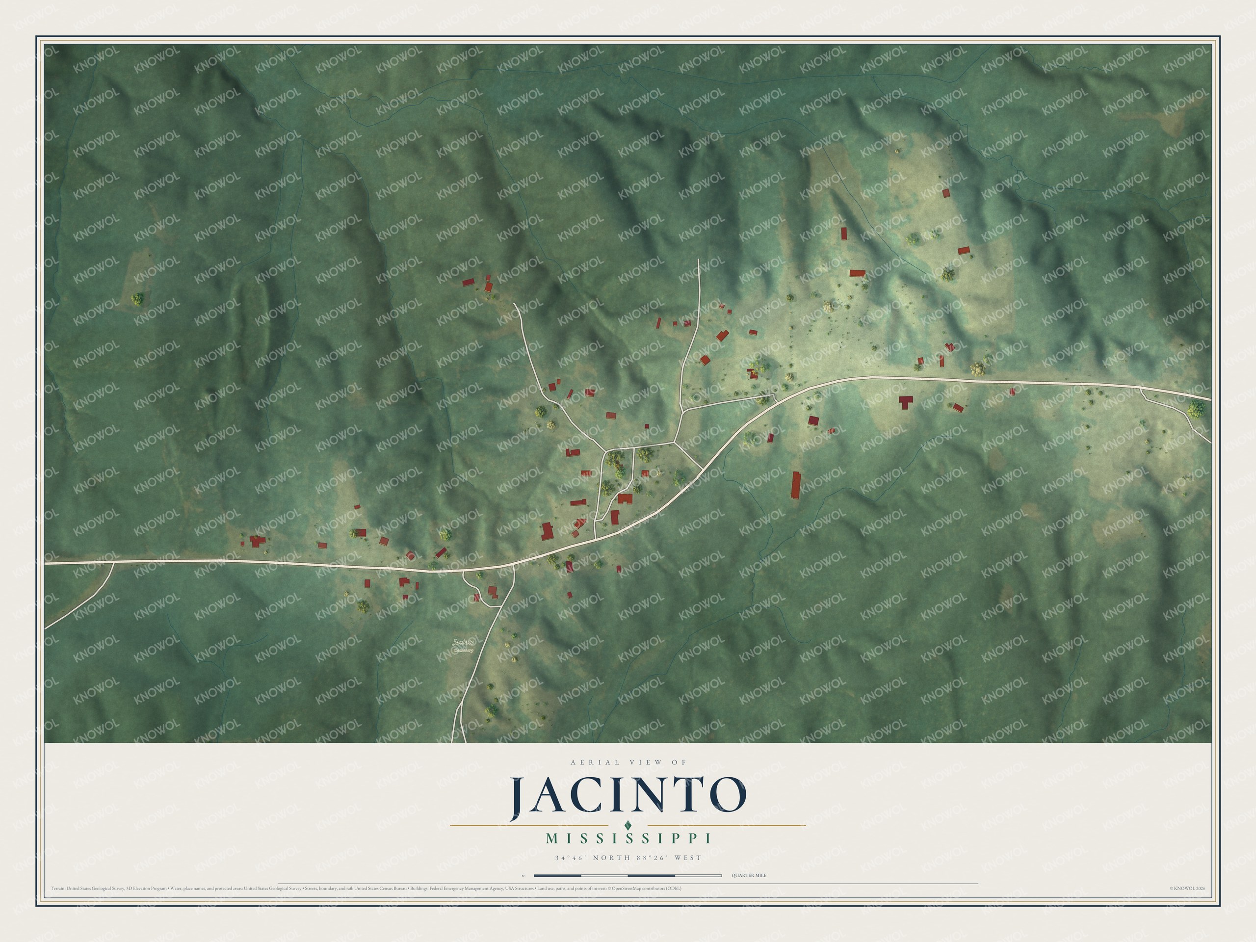 Full map of Jacinto, Mississippi, with red buildings, printed street names and the land around them