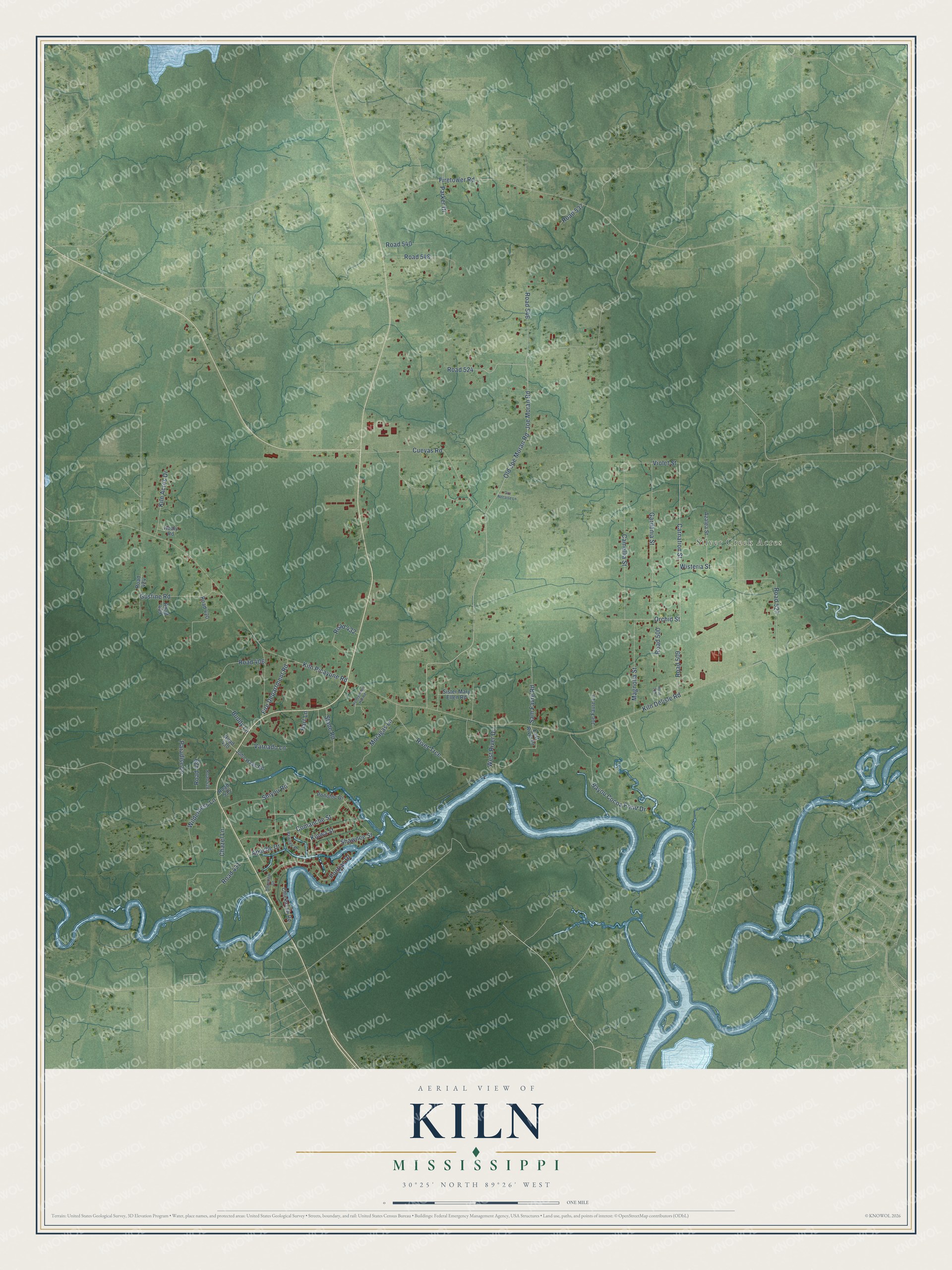Full map of Kiln, Mississippi, with red buildings, printed street names and the land around them