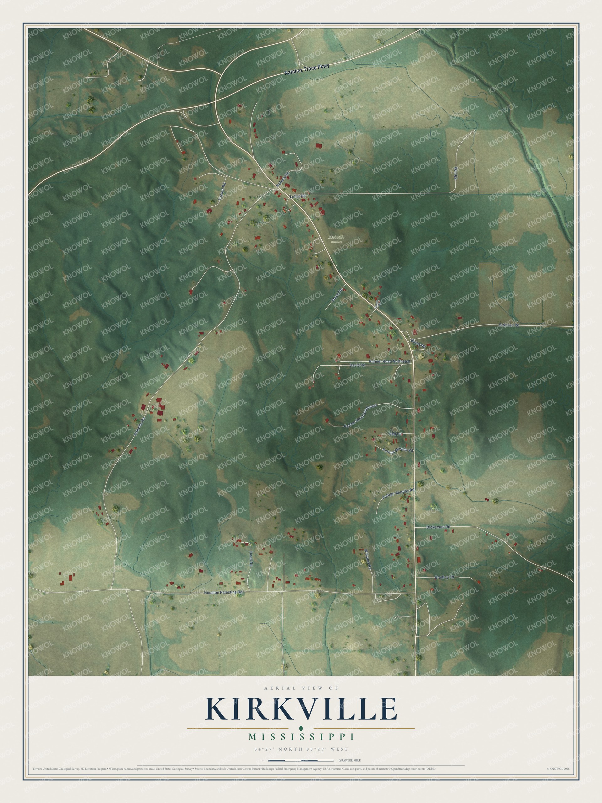 Full map of Kirkville, Mississippi, with red buildings, printed street names and the land around them