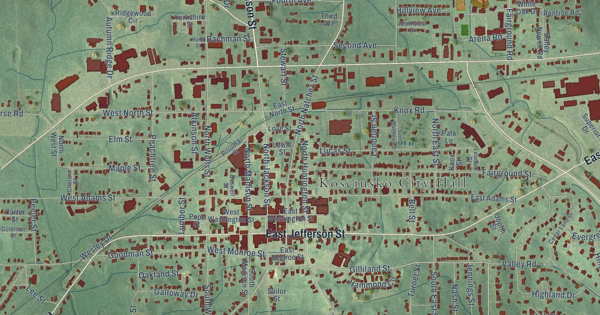 Map of Kosciusko, Mississippi in 2026