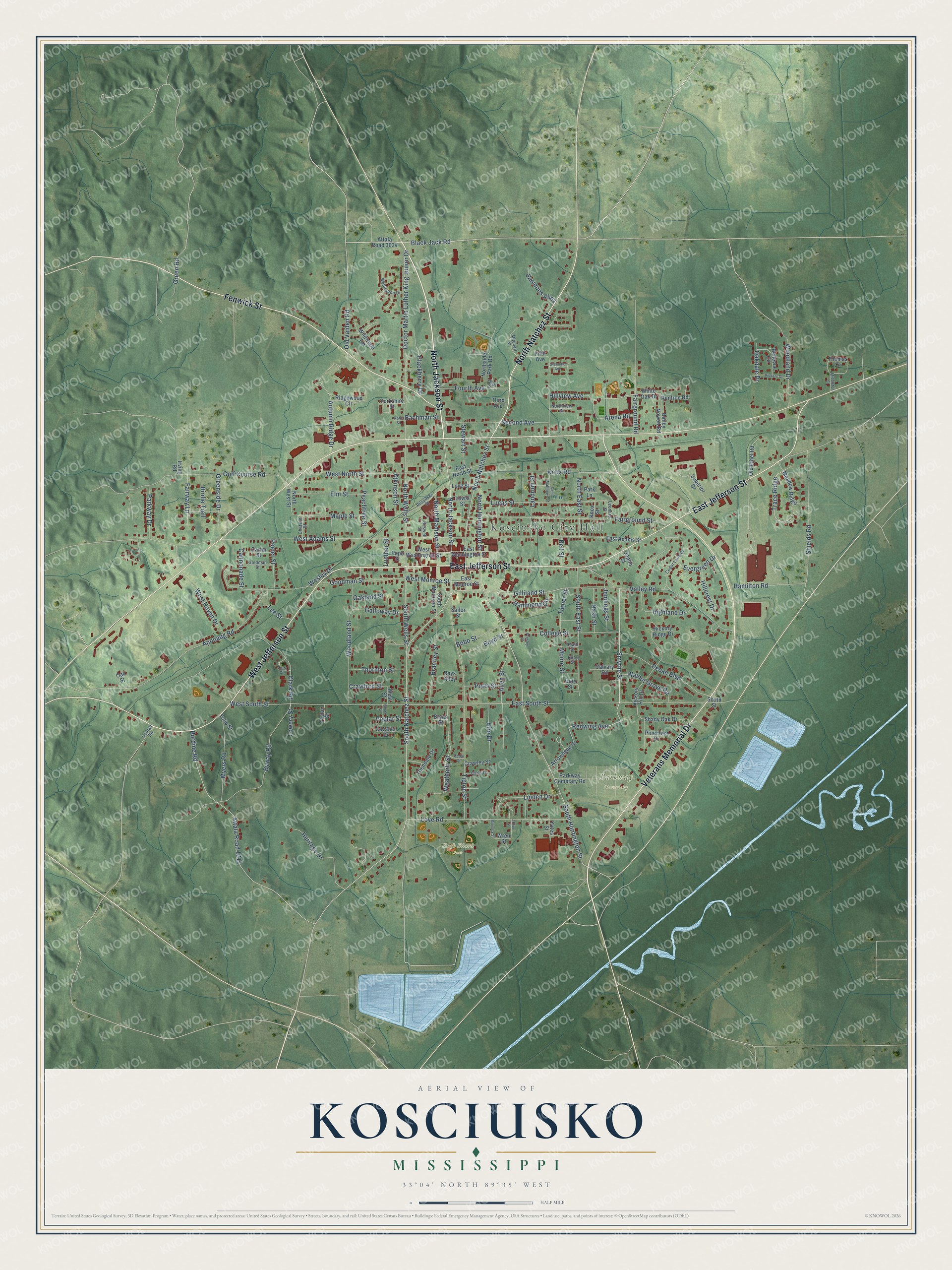 Watermarked full-map preview of Kosciusko, Mississippi