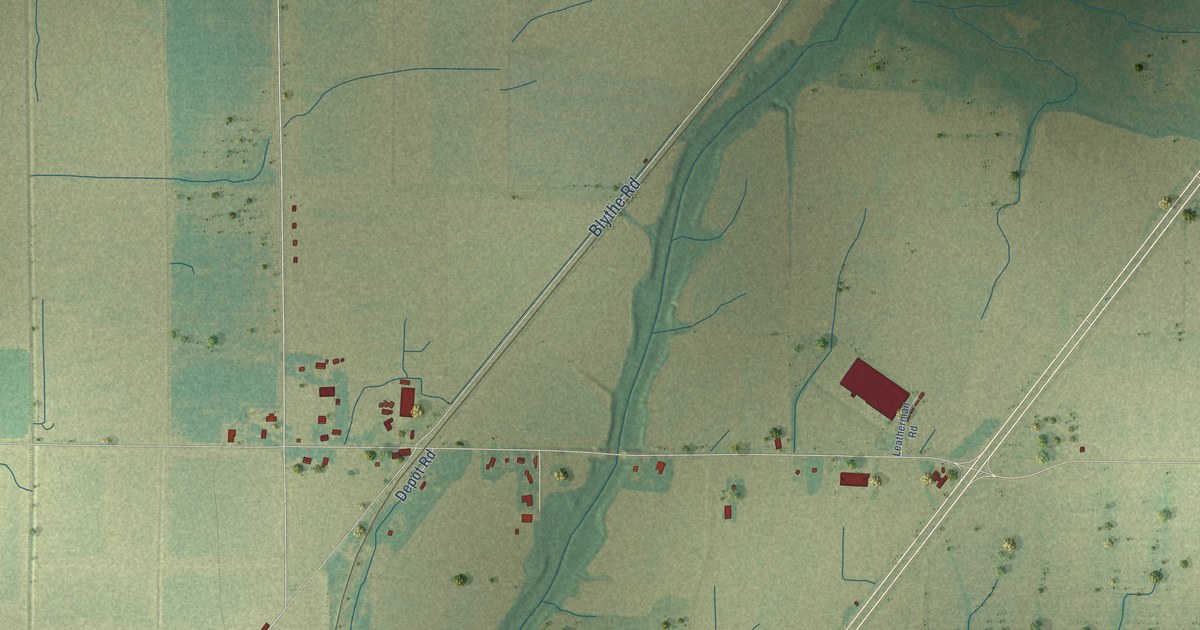 Close-up of streets and buildings in Lake Cormorant, Mississippi
