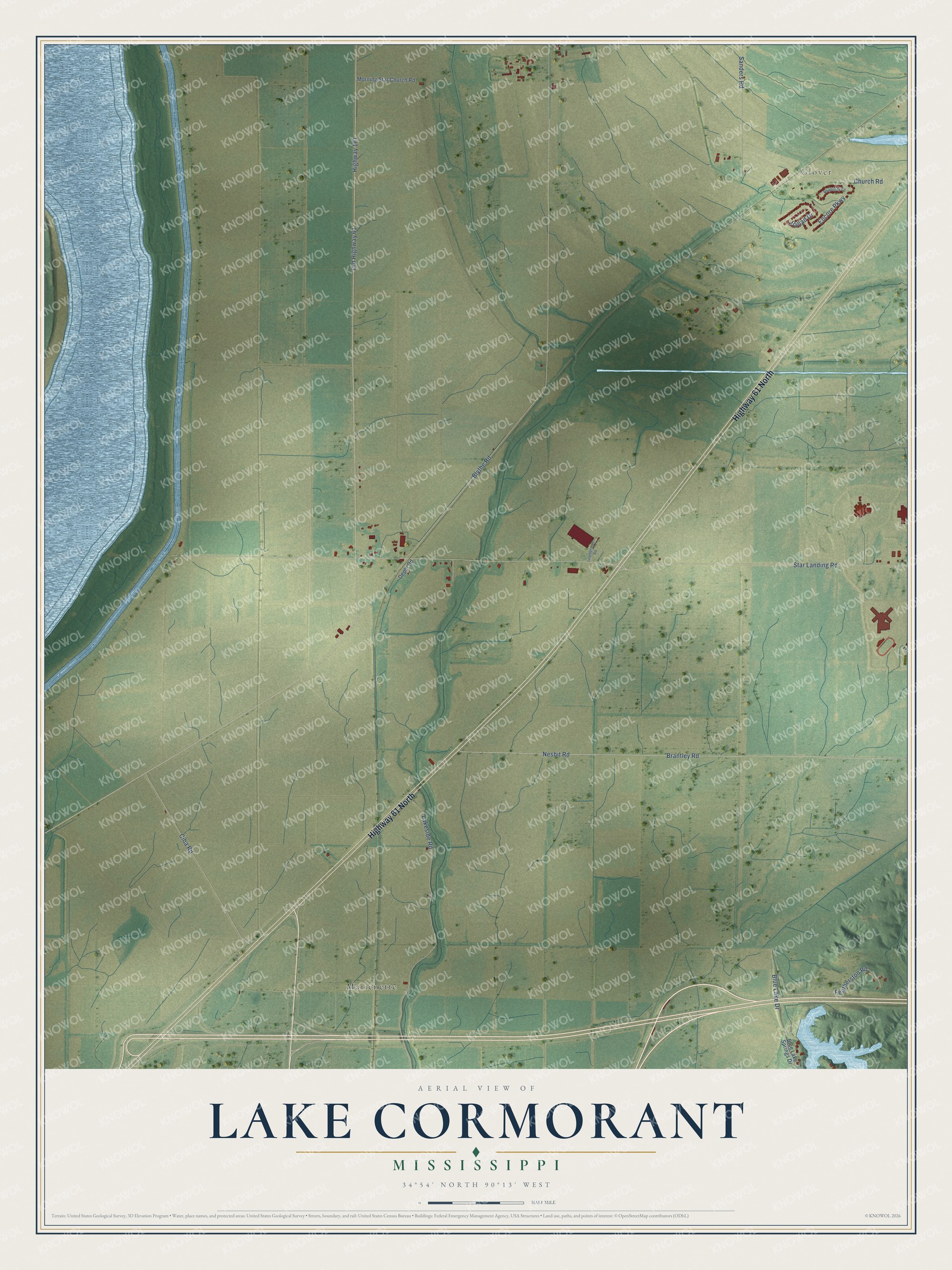 Full map of Lake Cormorant, Mississippi, with red buildings, printed street names and the land around them