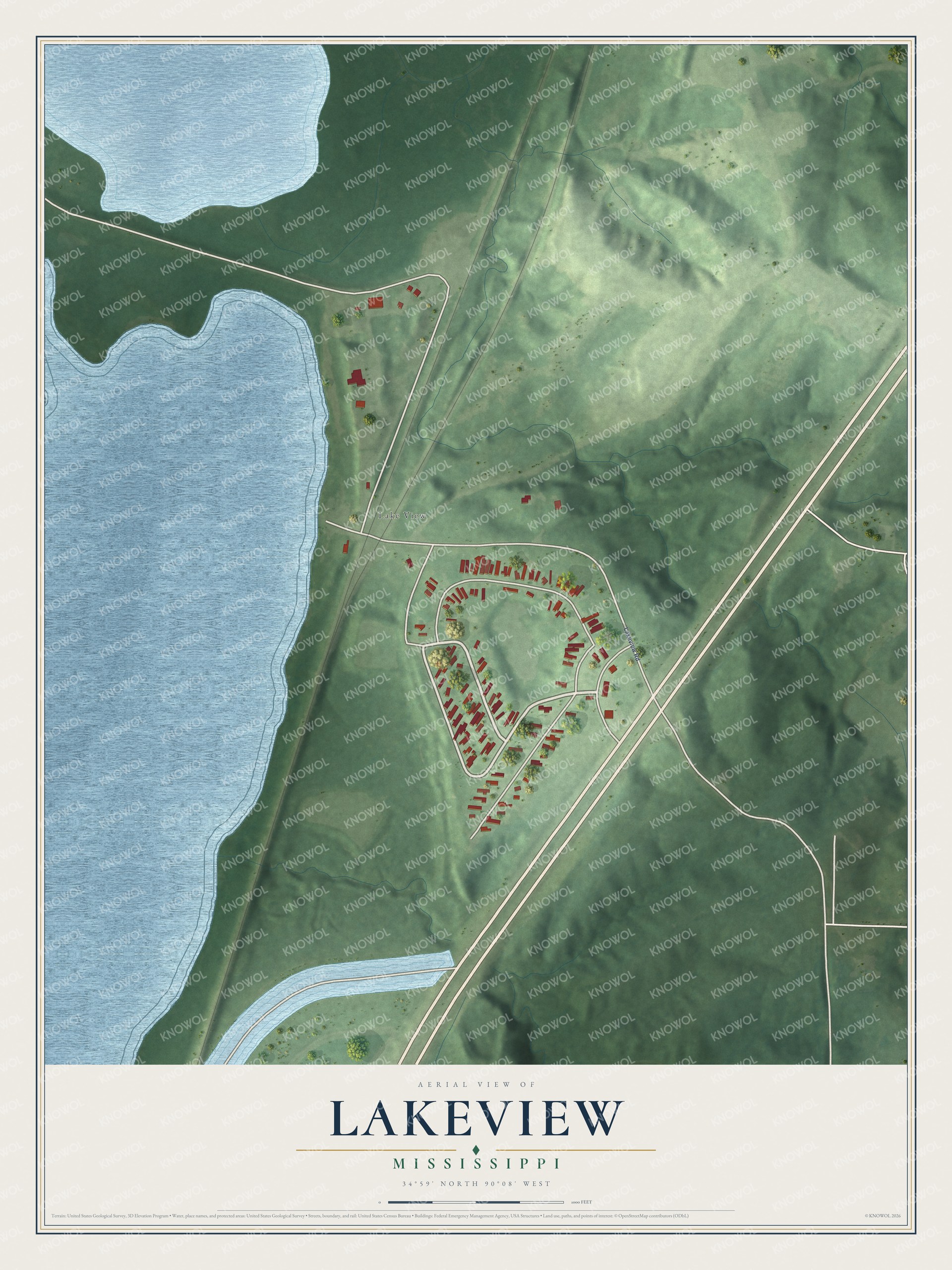 Full map of Lakeview, Mississippi, with red buildings, printed street names and the land around them