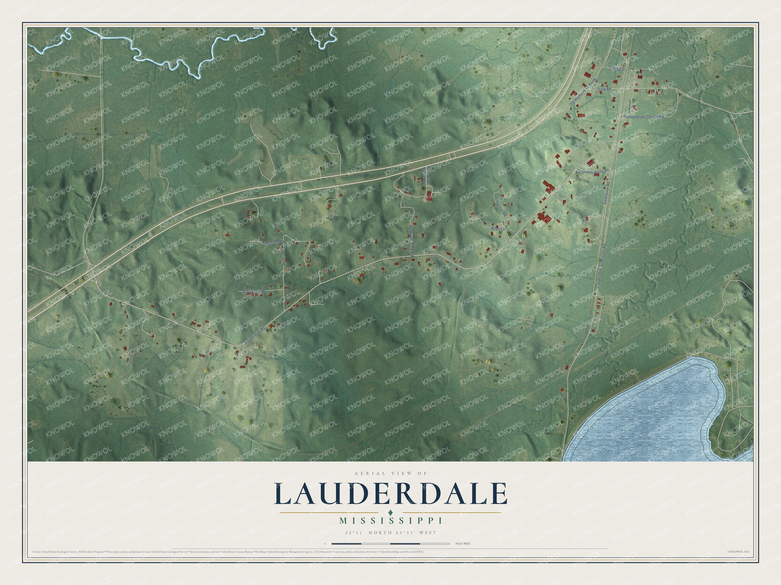 Full map of Lauderdale, Mississippi, with red buildings, printed street names and the land around them