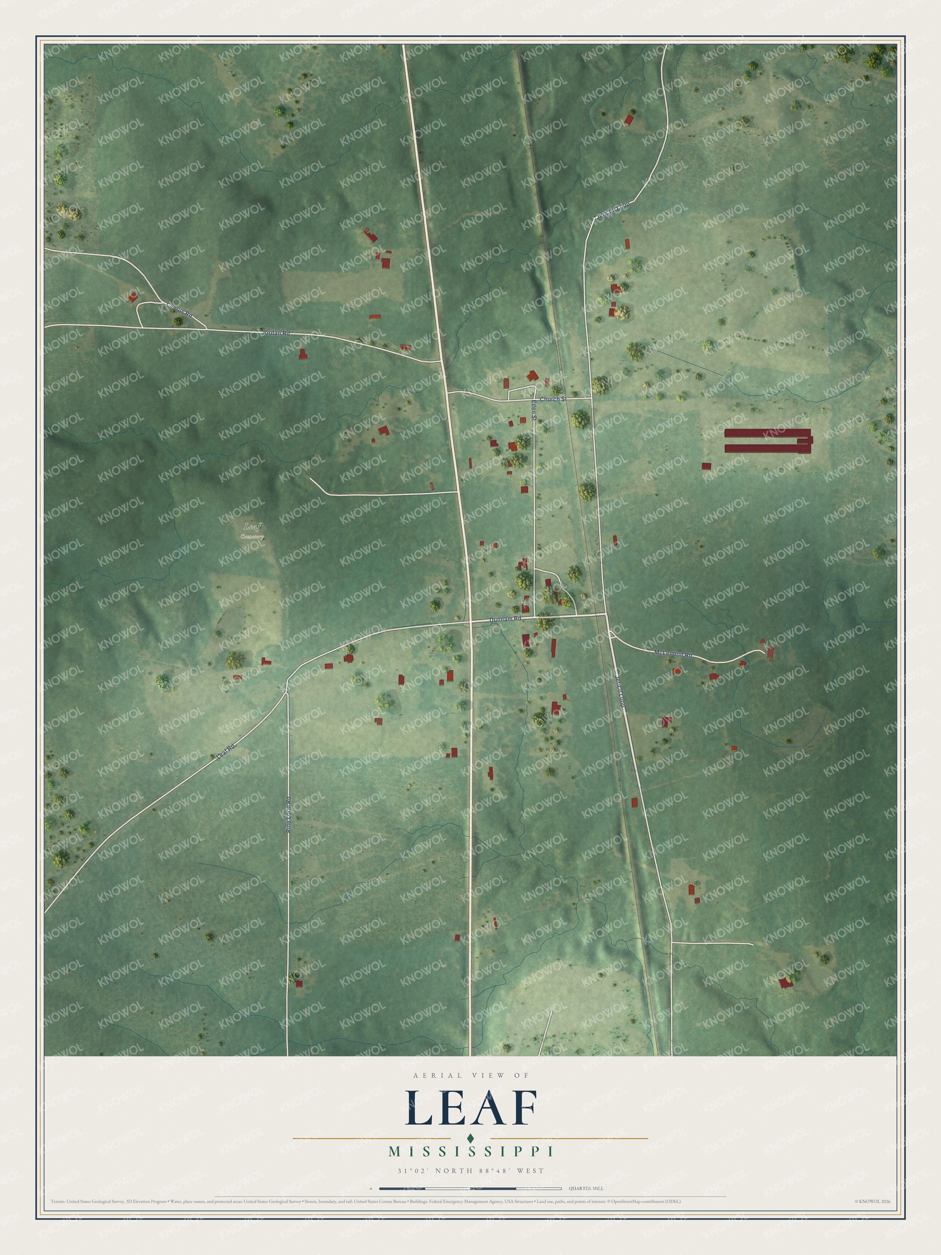 Full map of Leaf, Mississippi, with red buildings, printed street names and the land around them