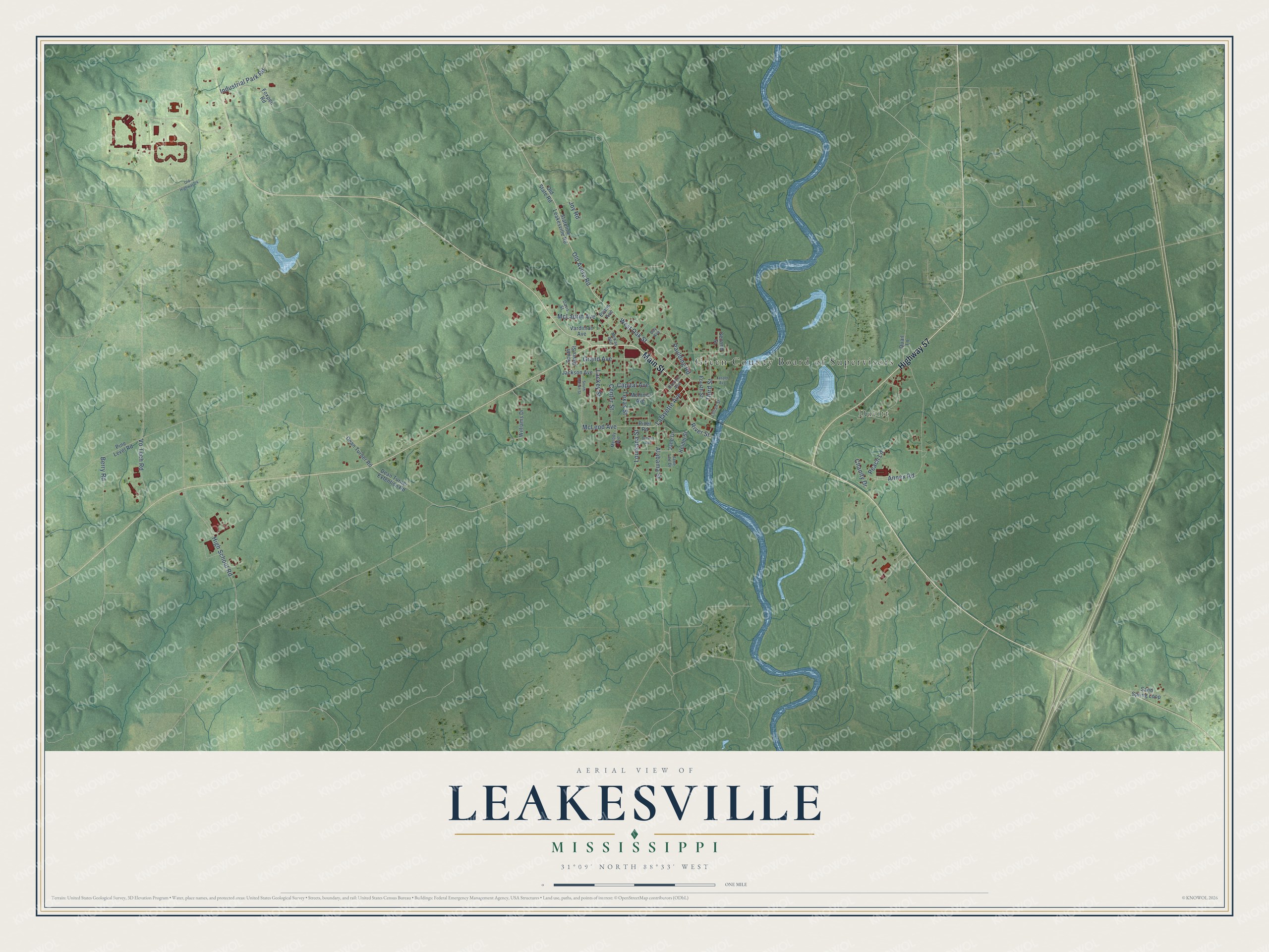 Full map of Leakesville, Mississippi, with red buildings, printed street names and the land around them