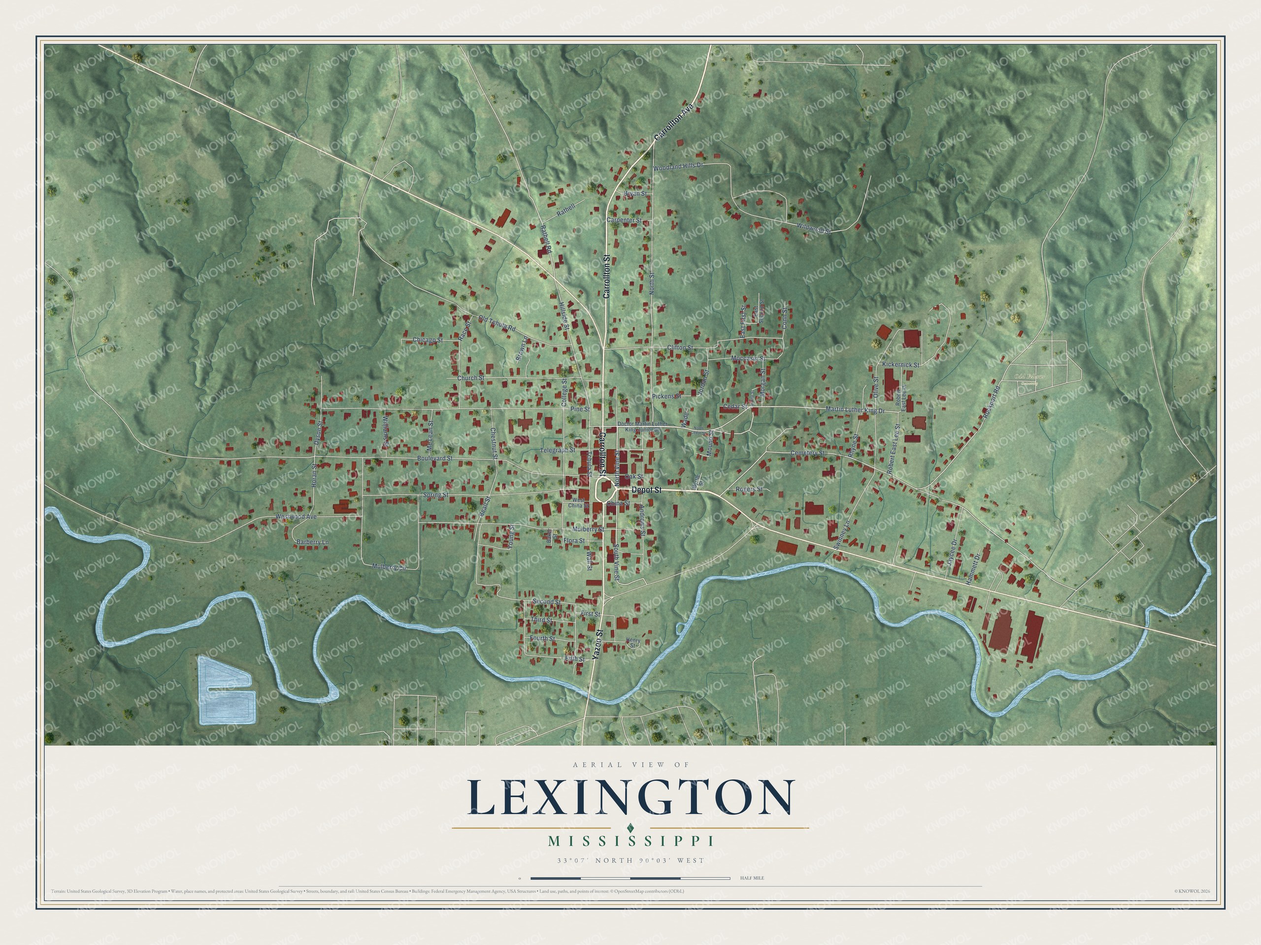 Full map of Lexington, Mississippi, with red buildings, printed street names and the land around them