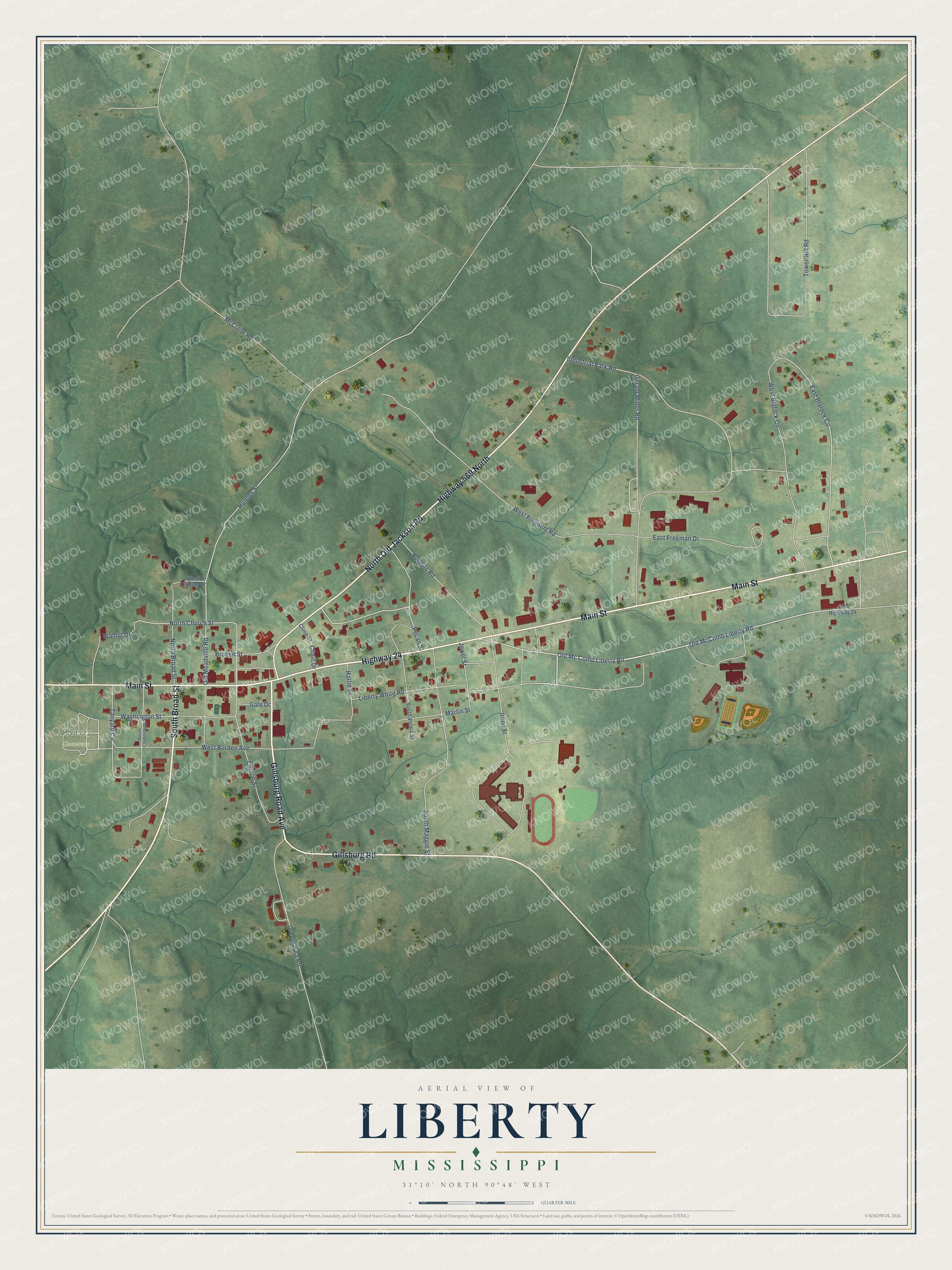 Full map of Liberty, Mississippi, with red buildings, printed street names and the land around them