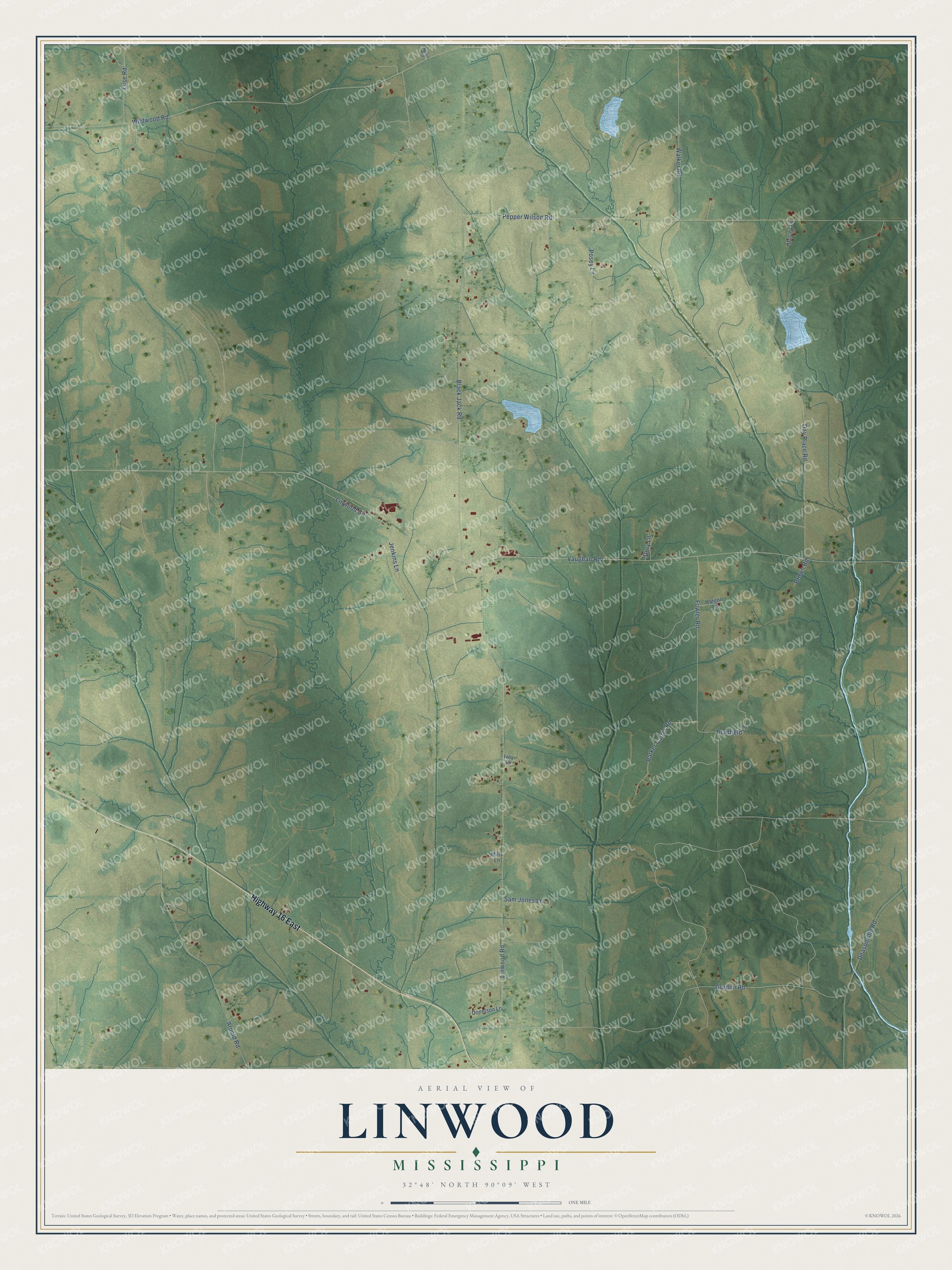 Full map of Linwood, Mississippi, with red buildings, printed street names and the land around them