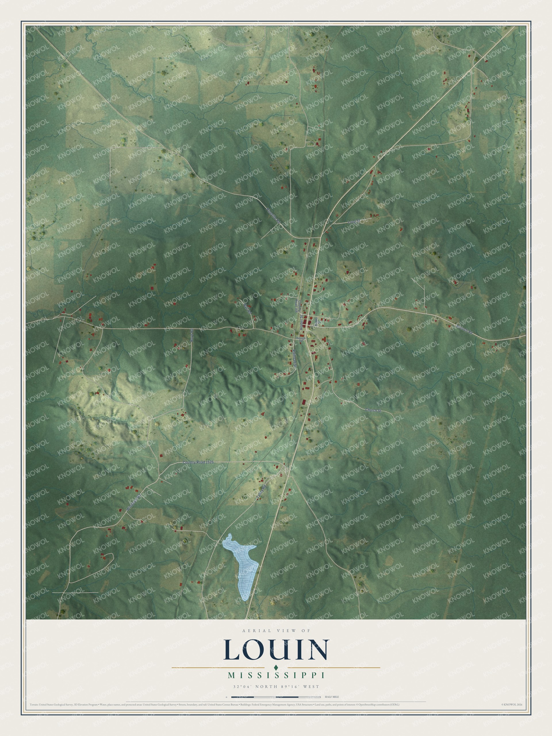 Full map of Louin, Mississippi, with red buildings, printed street names and the land around them