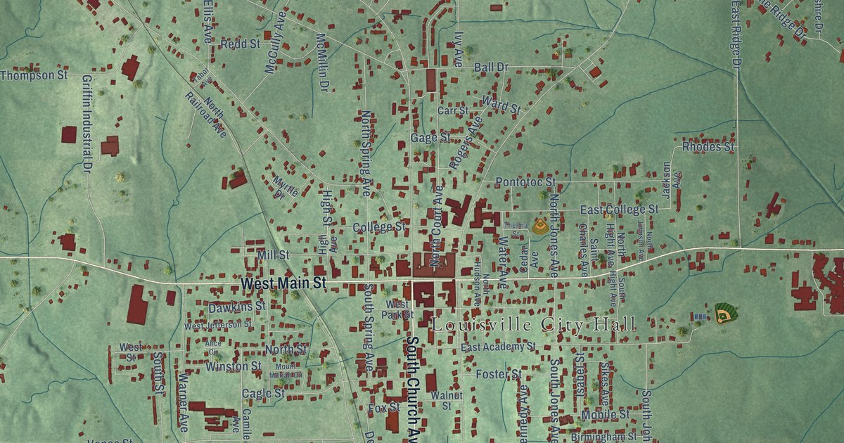 Map of Louisville, Mississippi in 2026