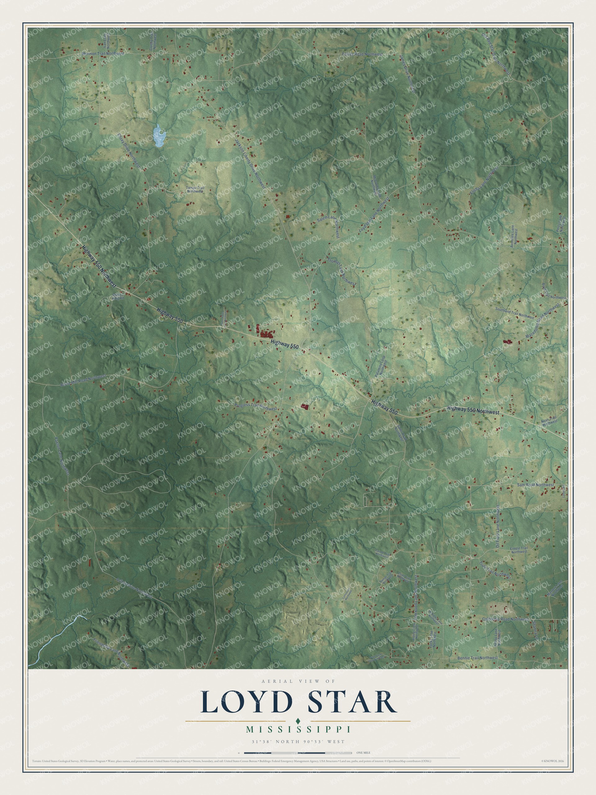 Full map of Loyd Star, Mississippi, with red buildings, printed street names and the land around them